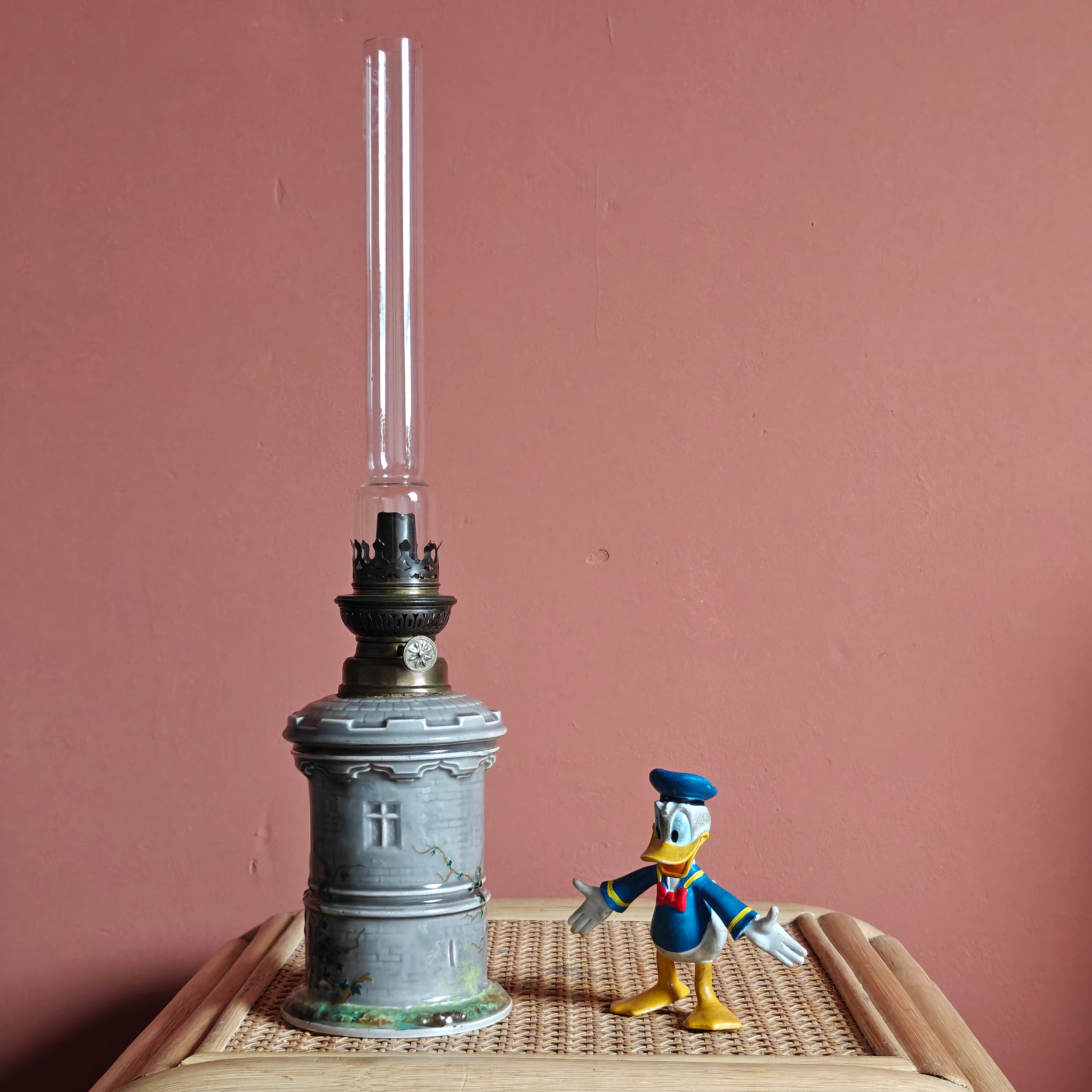 Rare Vintage Ceramic Oil Lamp – Tower Design with SIAE Burner (1930s) hand-painted collectible lamp
