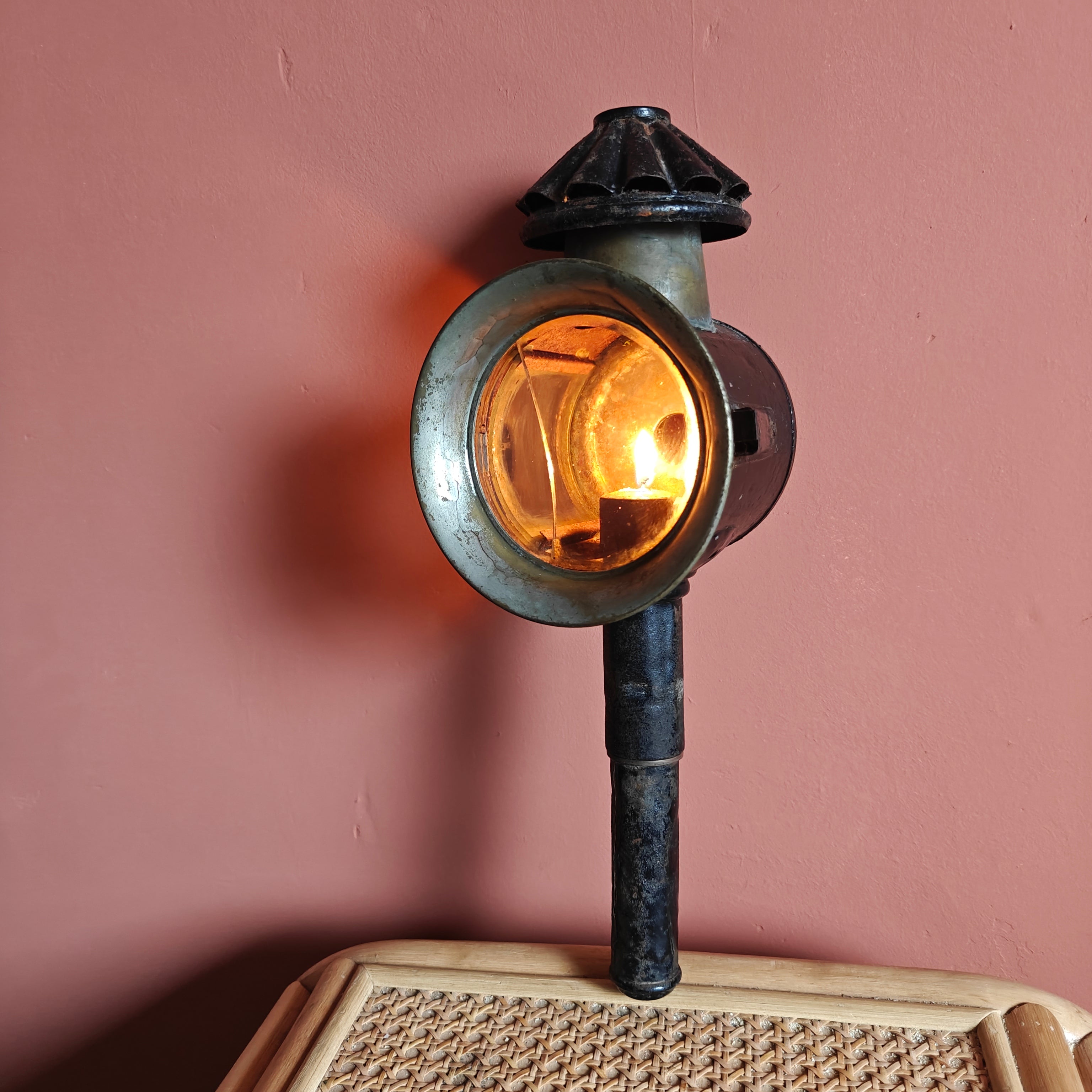 Antique Carriage Lantern – Candle-Powered with Curved Side Glass, Early 1900s