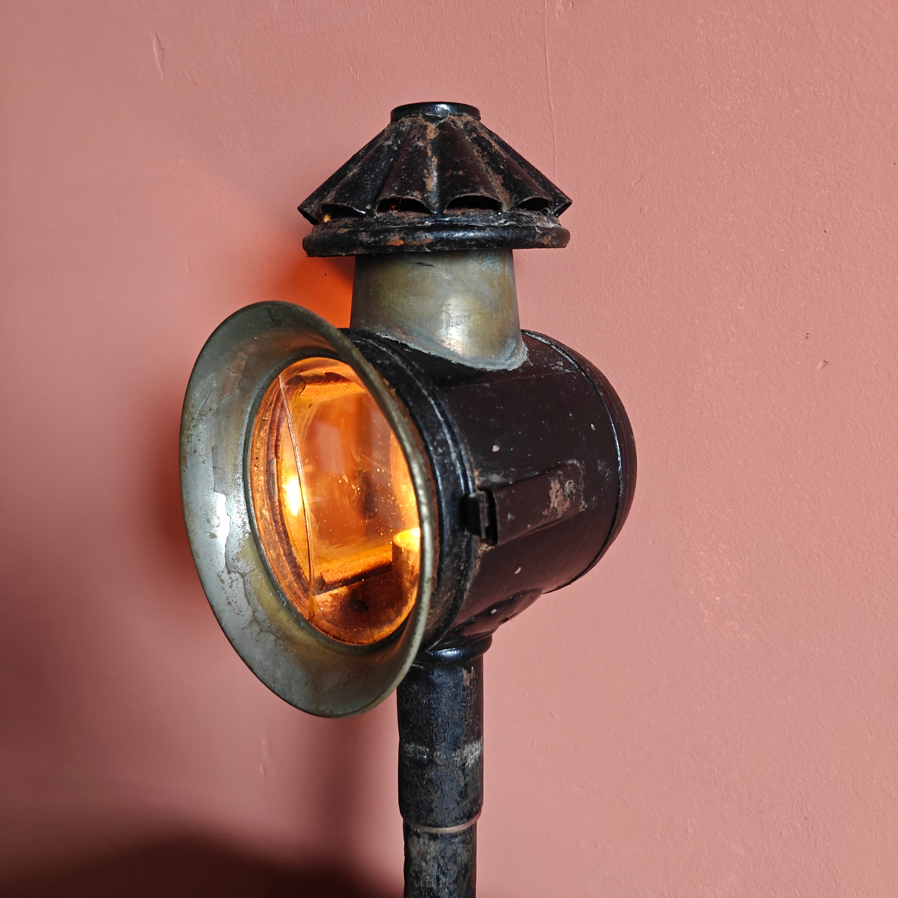 Antique Carriage Lantern – Candle-Powered with Curved Side Glass, Early 1900s