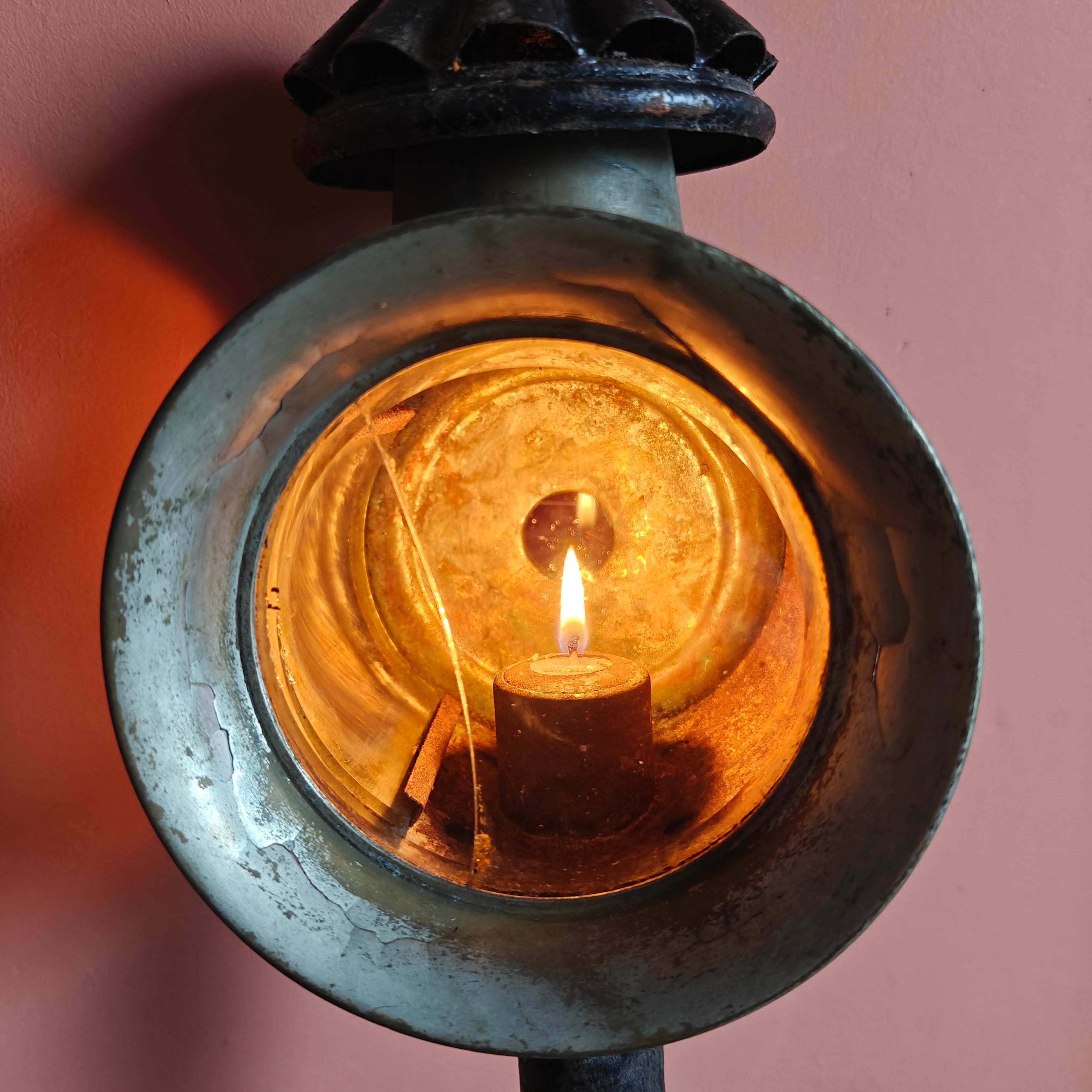 Antique Carriage Lantern – Candle-Powered with Curved Side Glass, Early 1900s