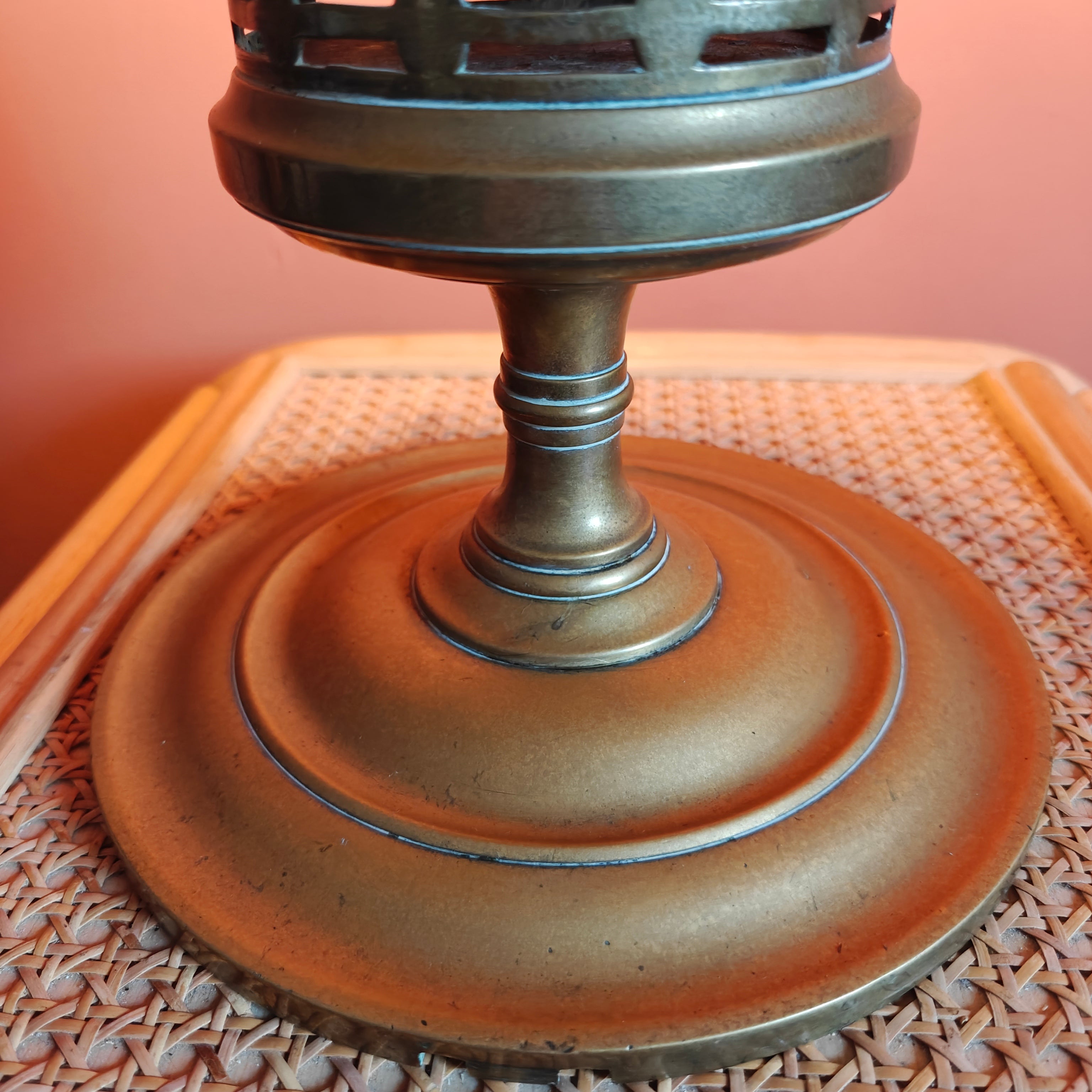 Base detail of Extra-Large Antique Brass Oil Lamp – Brökelmann, Jaeger & Busse Burner (c.1900) showing antique brass finish