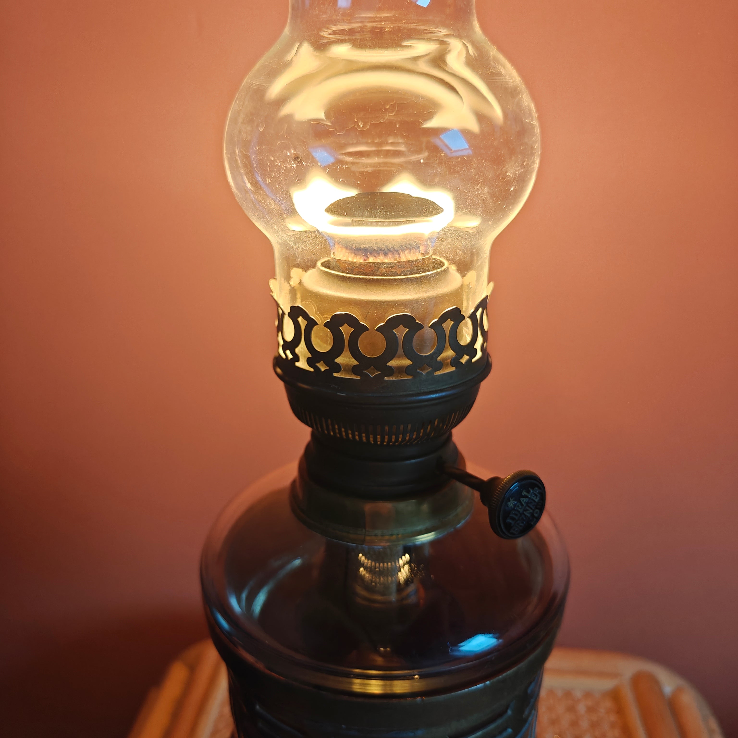 Extra-Large Antique Brass Oil Lamp – Brökelmann, Jaeger & Busse Burner (c.1900) lit with glass chimney close-up