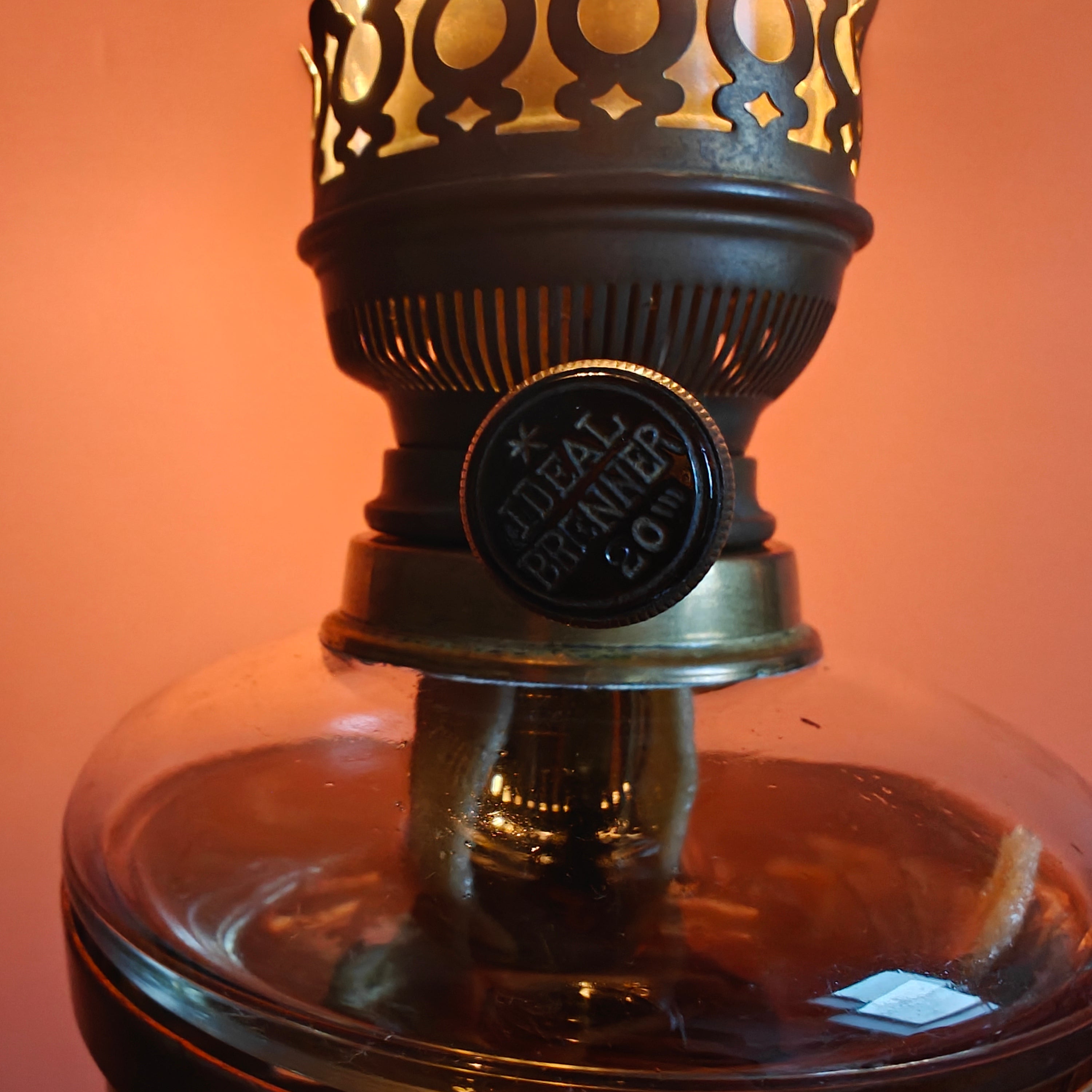 Close-up of Extra-Large Antique Brass Oil Lamp – Brökelmann, Jaeger & Busse Burner (c.1900) with detailed brass burner mechanism