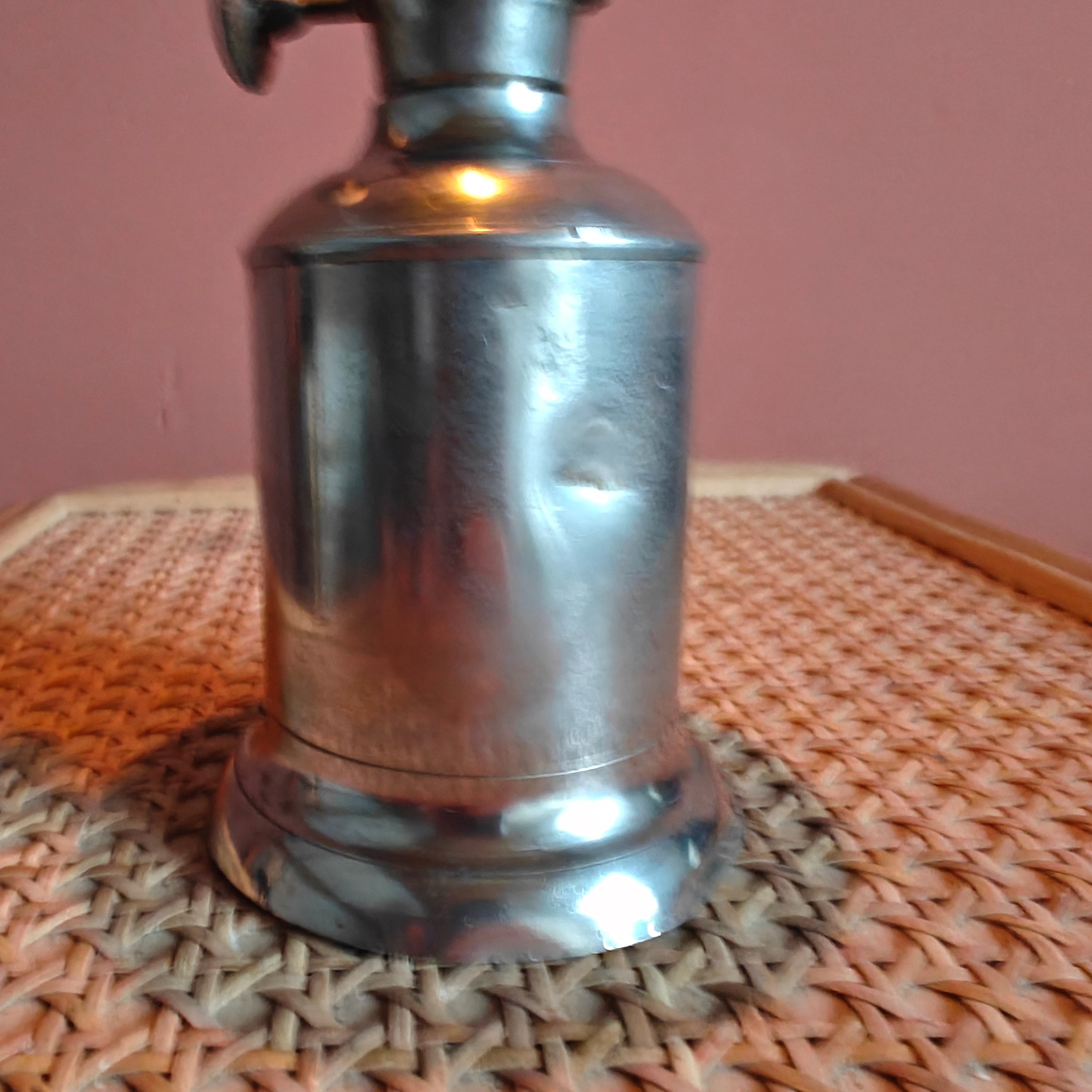 Vintage French Oil Lamp – Pigeon Style with T.F. Déposé Burner (17 cm) displayed on woven surface with metal finish