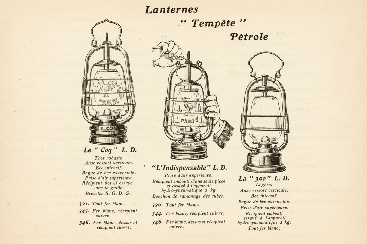 Three vintage oil lamps labeled Le Coq L.D., L'Indispensable L.D., and La 300 L.D. with detailed French descriptions.