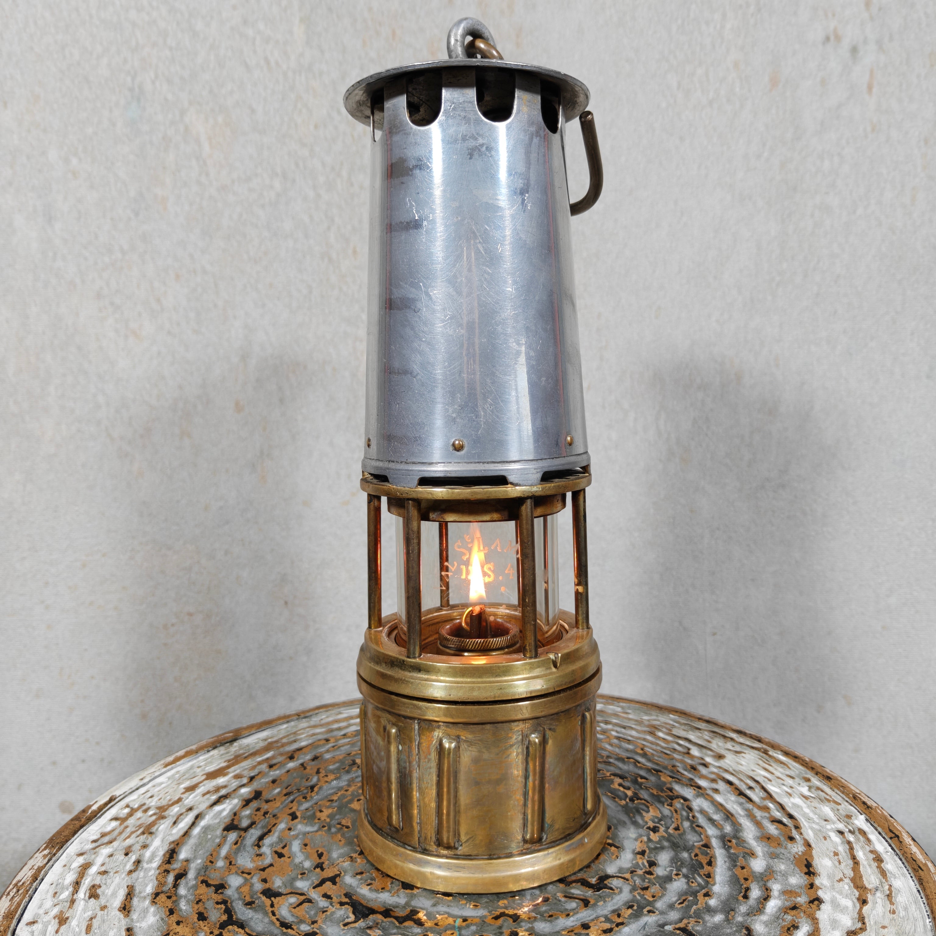 Beautiful, Miner’s Lamp – ca. 1900 – With Val St. Lambert D.S.4 Glass showing vintage oil lamp craftsmanship and design