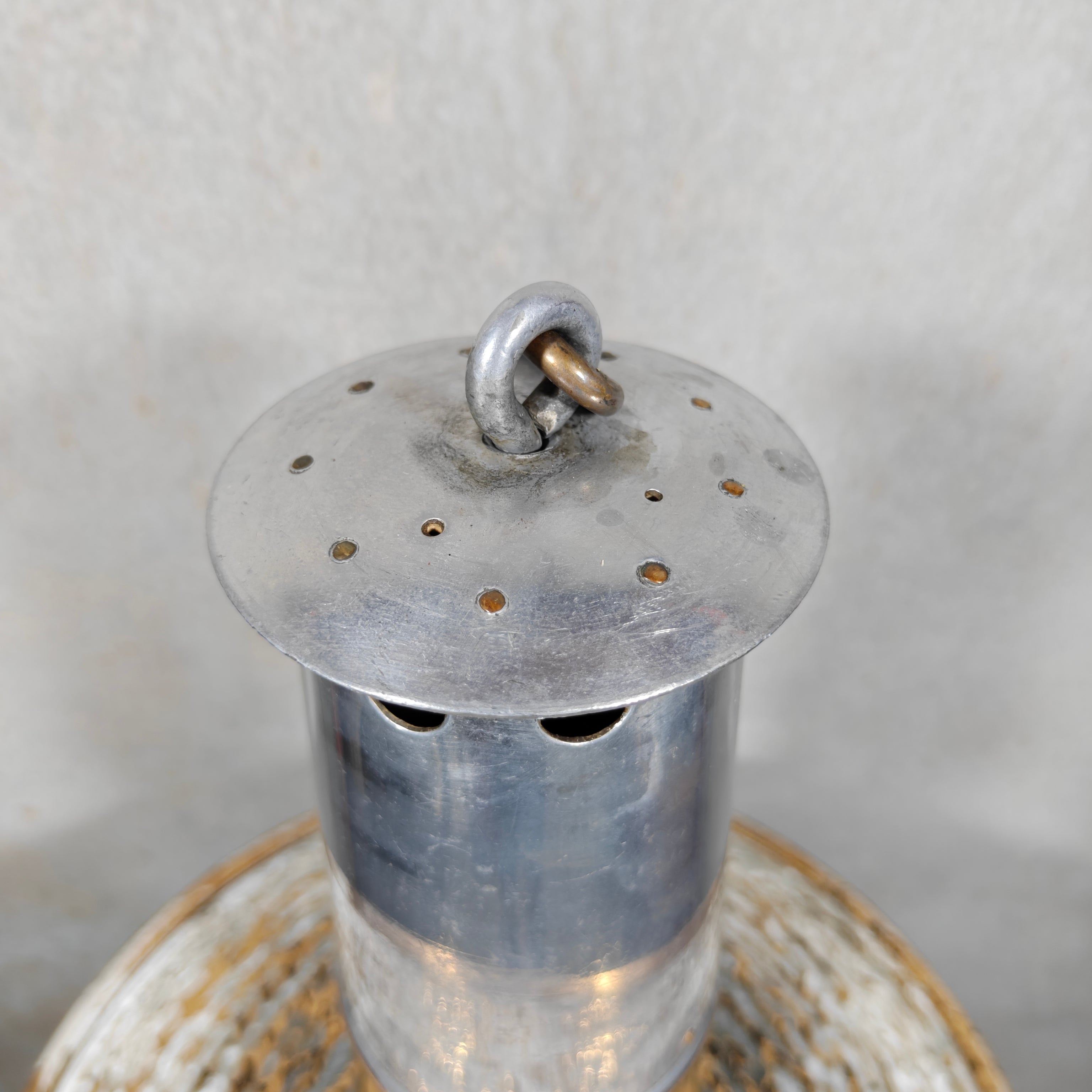 Beautiful, Miner’s Lamp – ca. 1900 – With Val St. Lambert D.S.4 Glass oil lamp showcasing antique craftsmanship and design.