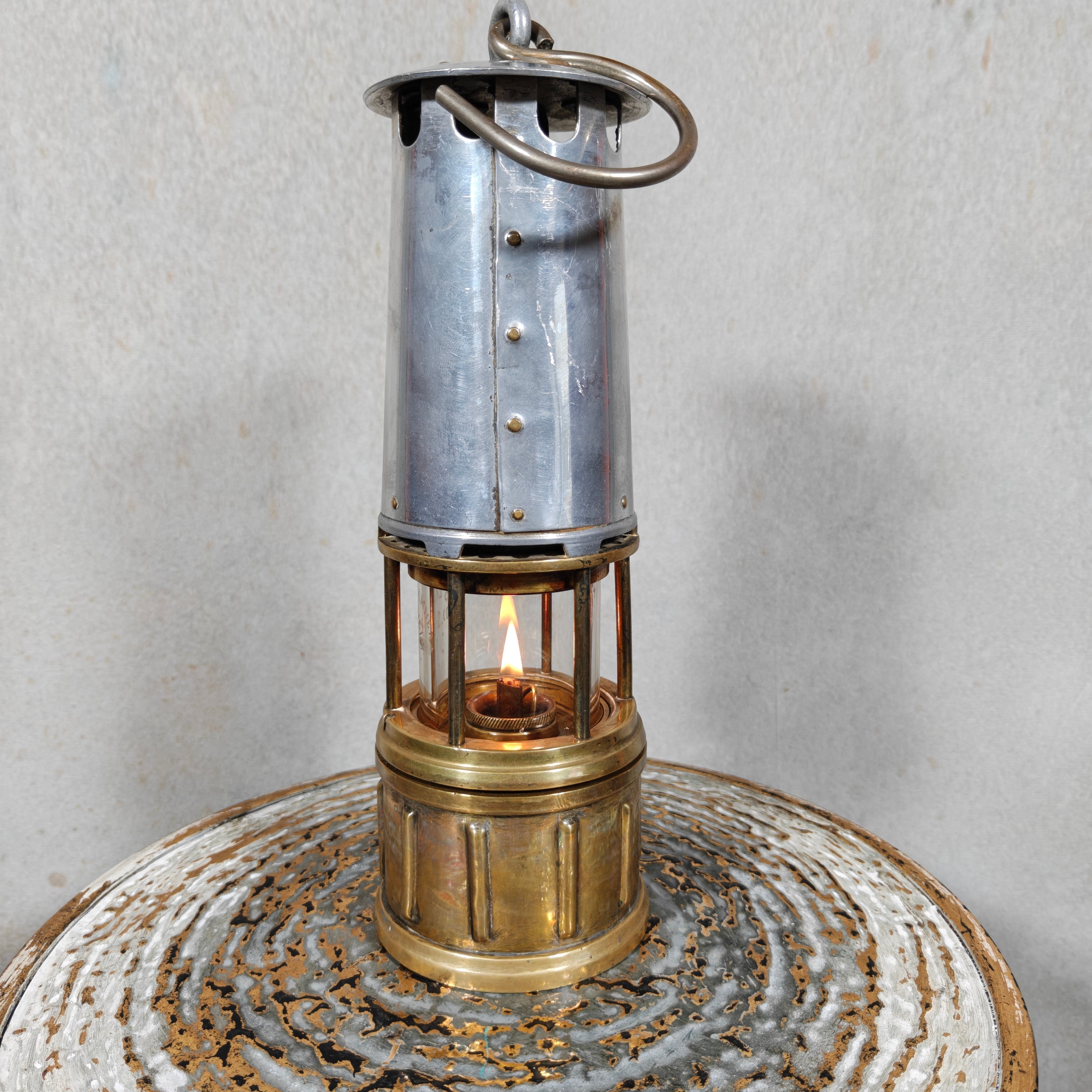 Beautiful, Miner’s Lamp – ca. 1900 – With Val St. Lambert D.S.4 Glass showing lit vintage oil lamp detail
