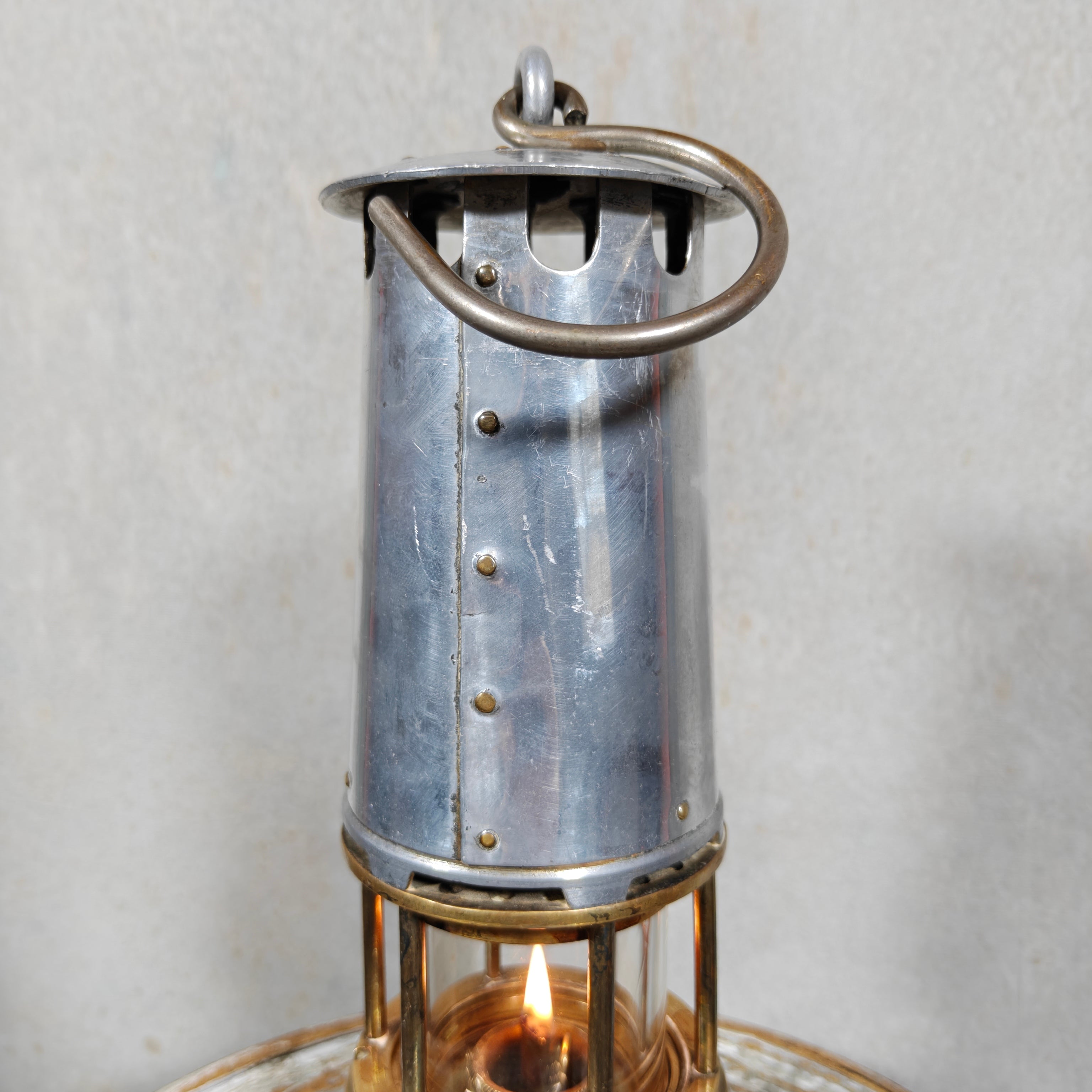 Beautiful, Miner’s Lamp – ca. 1900 – With Val St. Lambert D.S.4 Glass showing detailed metal top and glass oil lamp flame