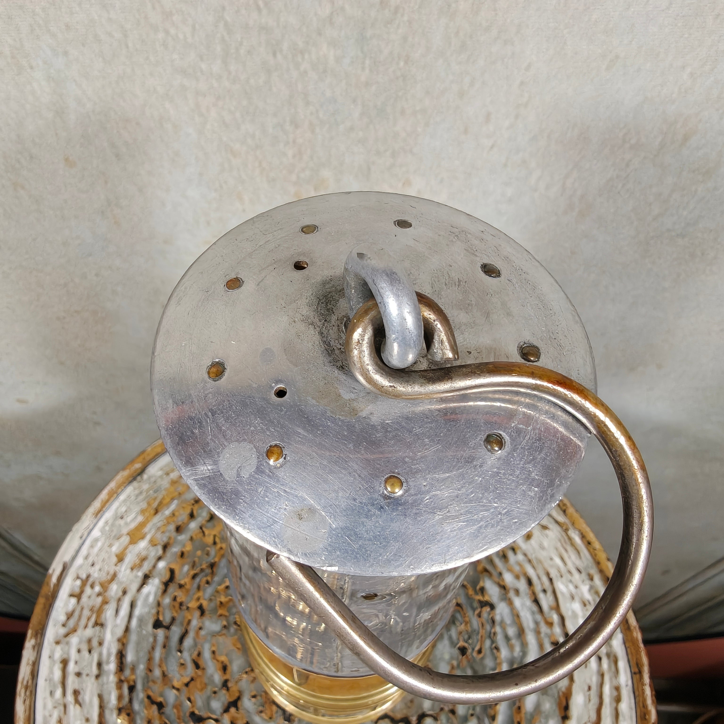 Beautiful, Miner’s Lamp – ca. 1900 – With Val St. Lambert D.S.4 Glass showcasing vintage metal top and oil lamp design