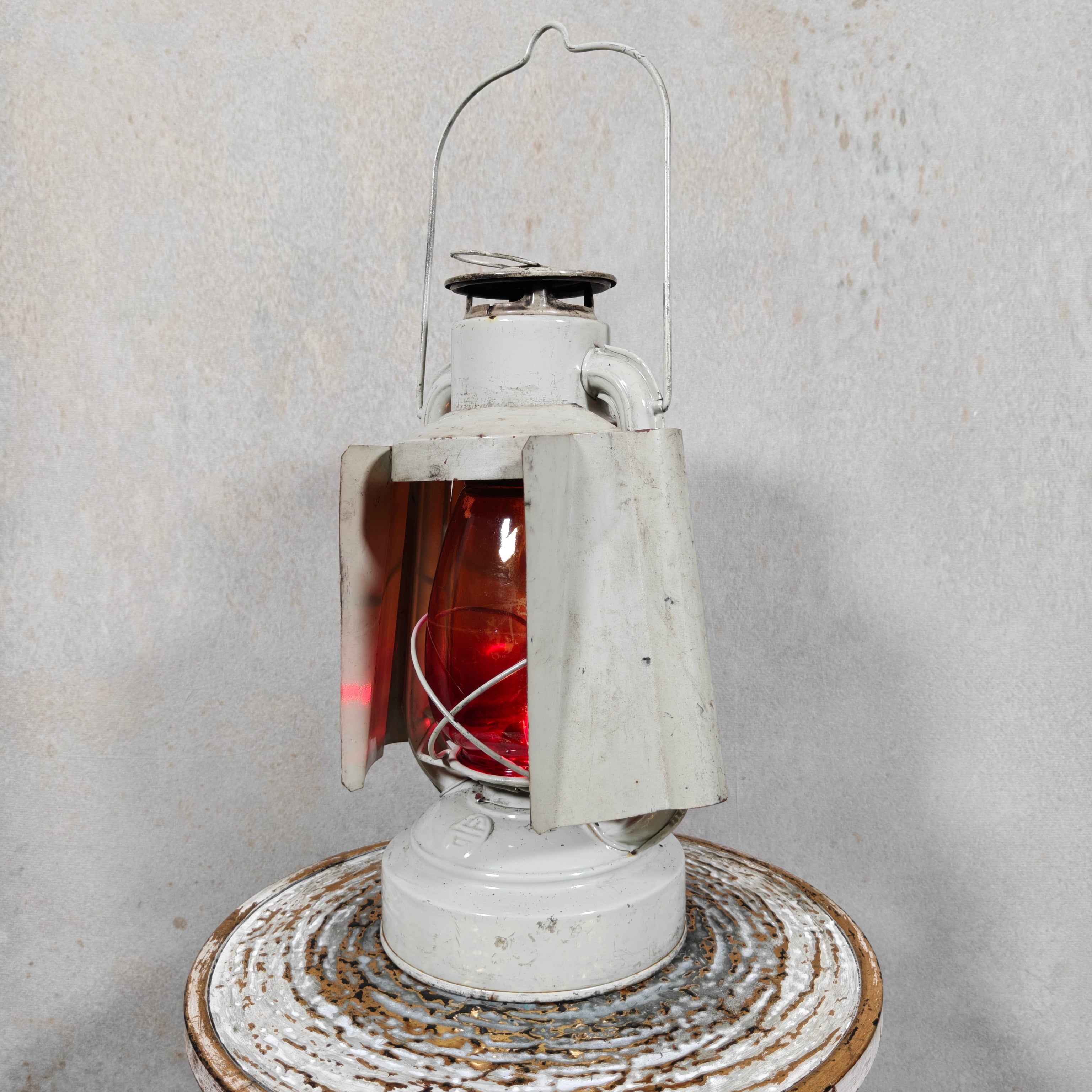 Vintage French ALG Hurricane Lantern – Signal Lantern with Red Glass Shield – Guillouard Nantes classic oil lamp with protective metal frame