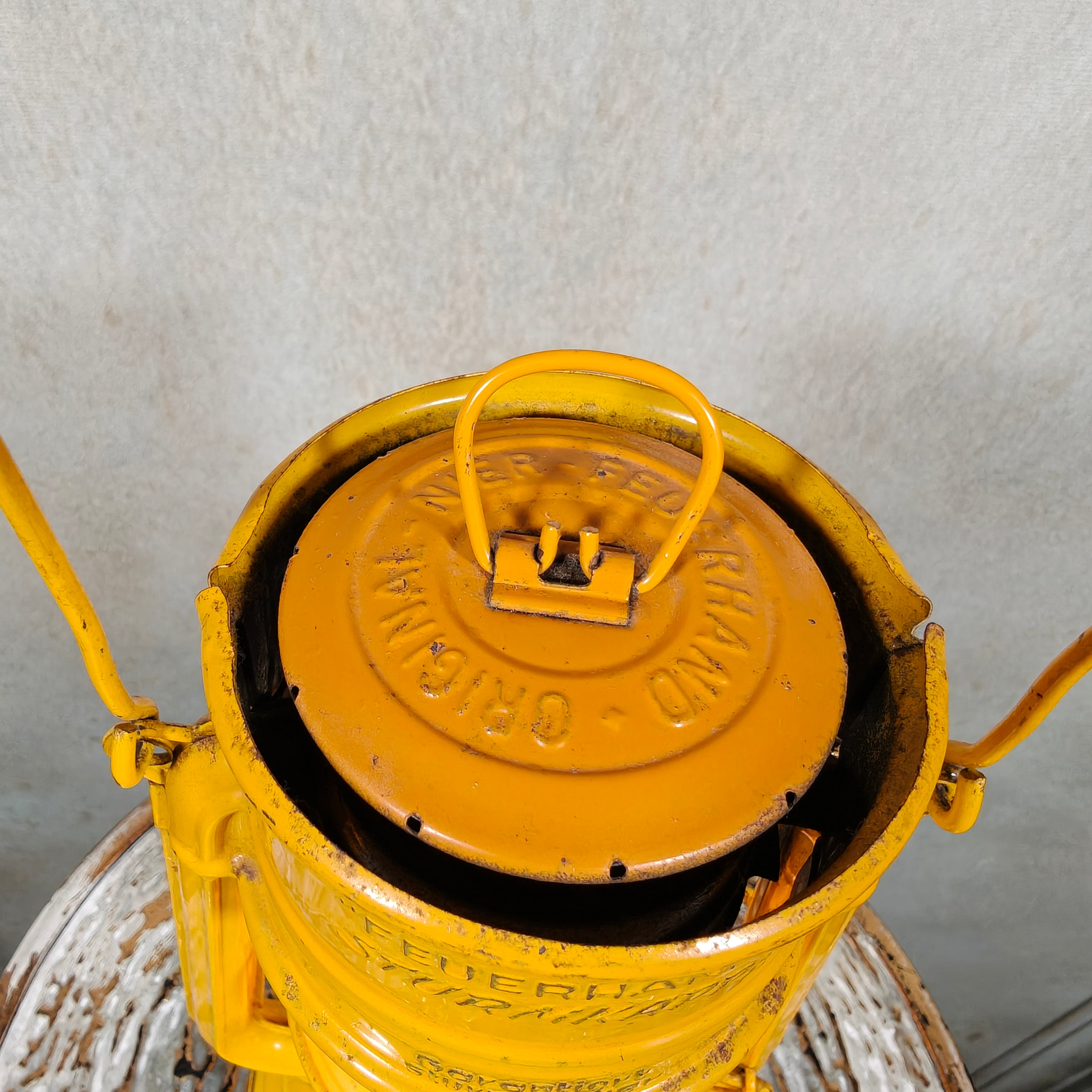 Beautiful Yellow Feuerhand Hurricane Lantern – Baby 276 STK/120 – Vintage Safety Lantern – Germany oil lamp top view