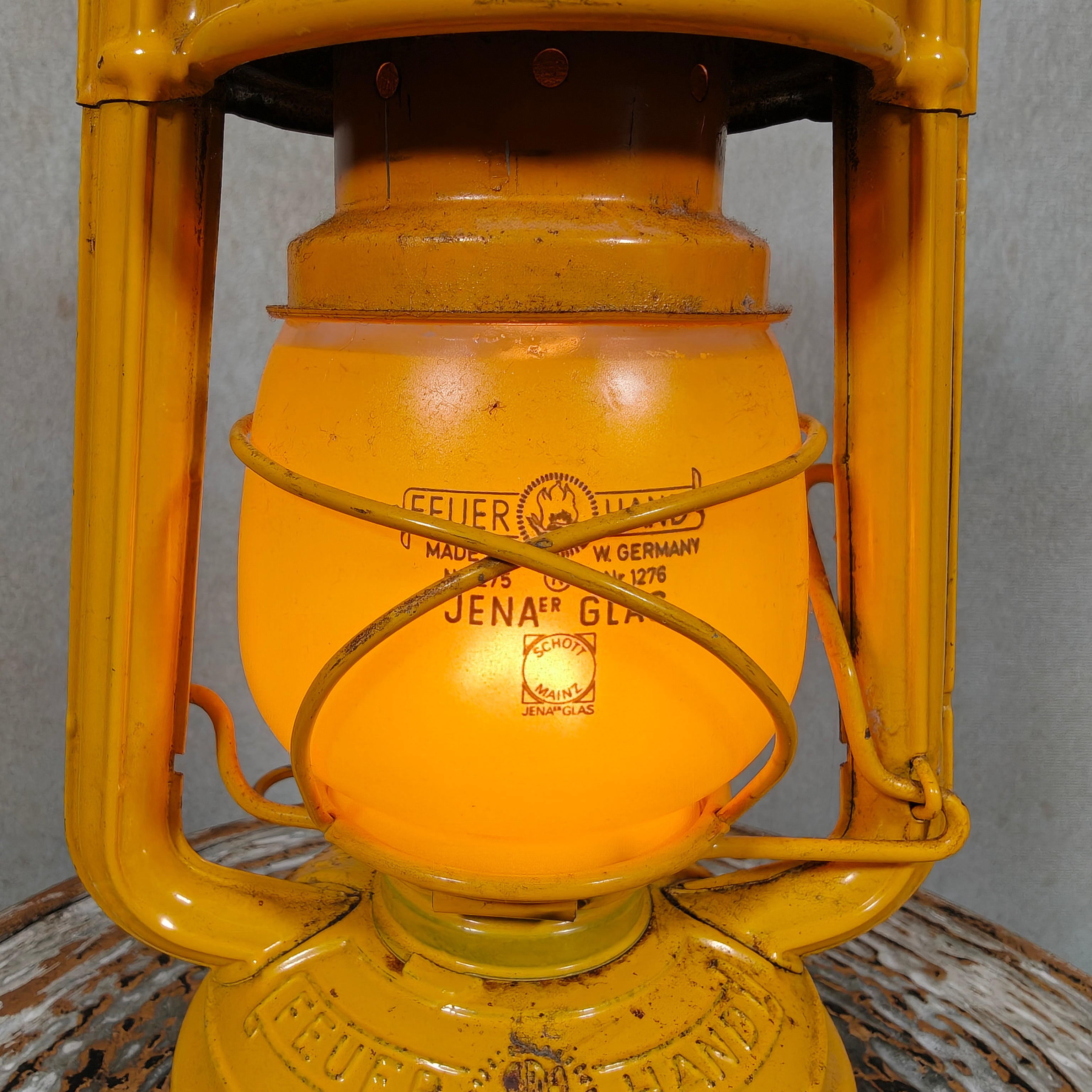 Beautiful Yellow Feuerhand Hurricane Lantern – Baby 276 STK/120 – vintage oil lamp by Feuerhand from Germany