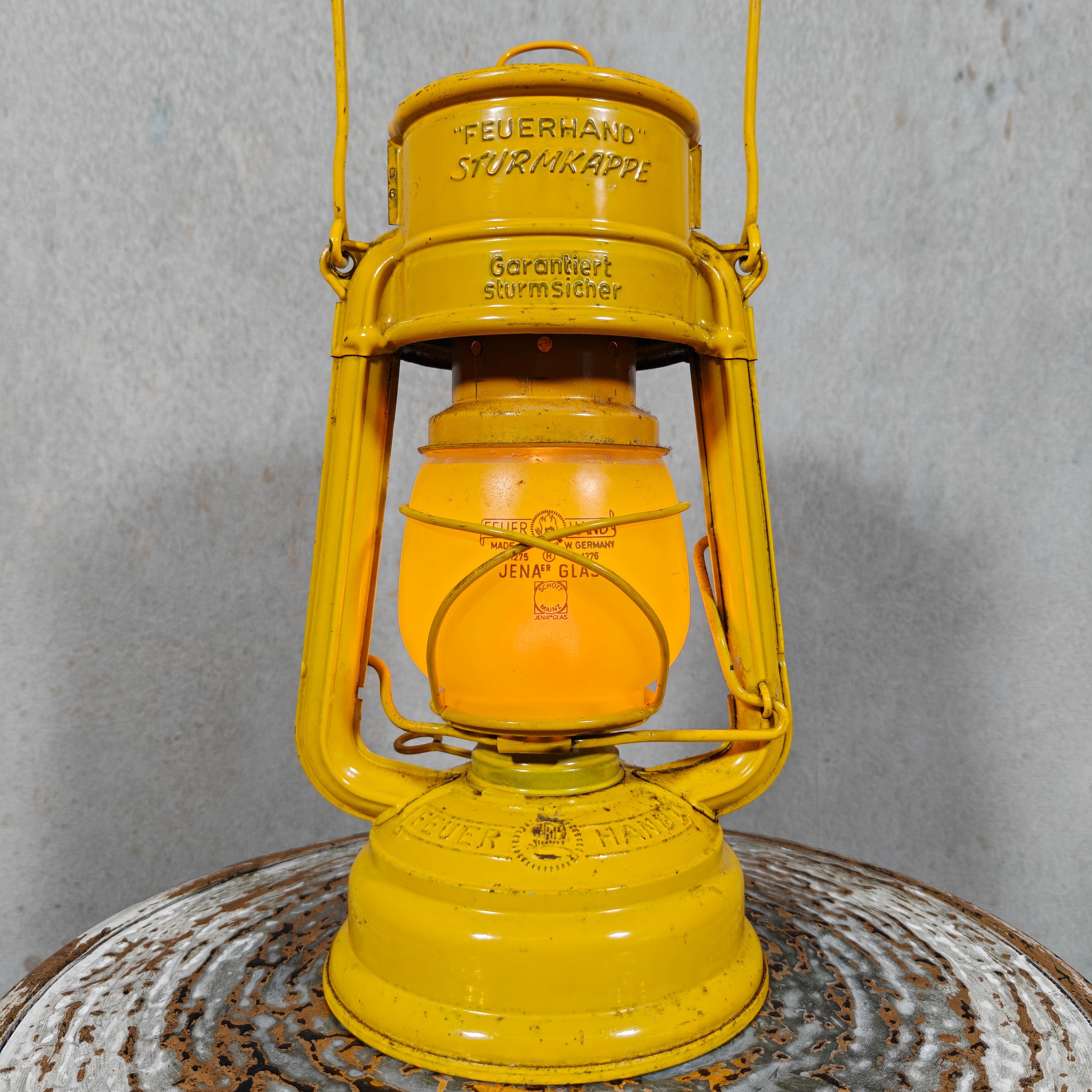 Beautiful Yellow Feuerhand Hurricane Lantern – Baby 276 STK/120 – Vintage Safety Lantern – Germany oil lamp close-up view