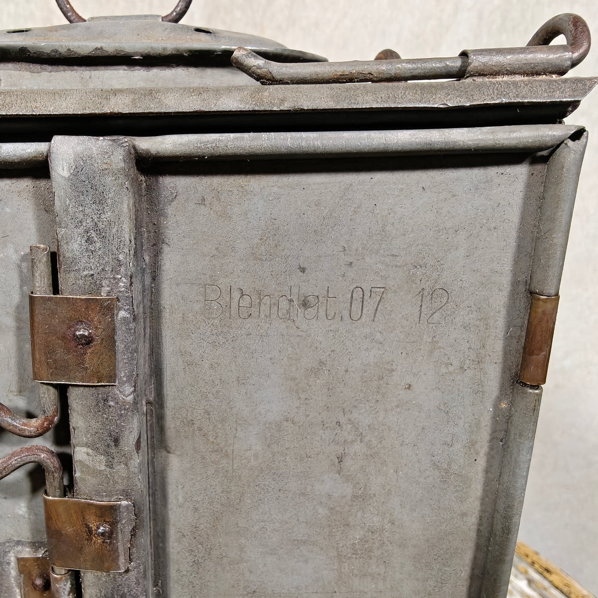 Close-up of metal detail on Very Rare Oil and Candle Trench Lamp – “Weltlaterne” by J. Schwarz & Co., Berlin – 1910–1920 – Complete and Working