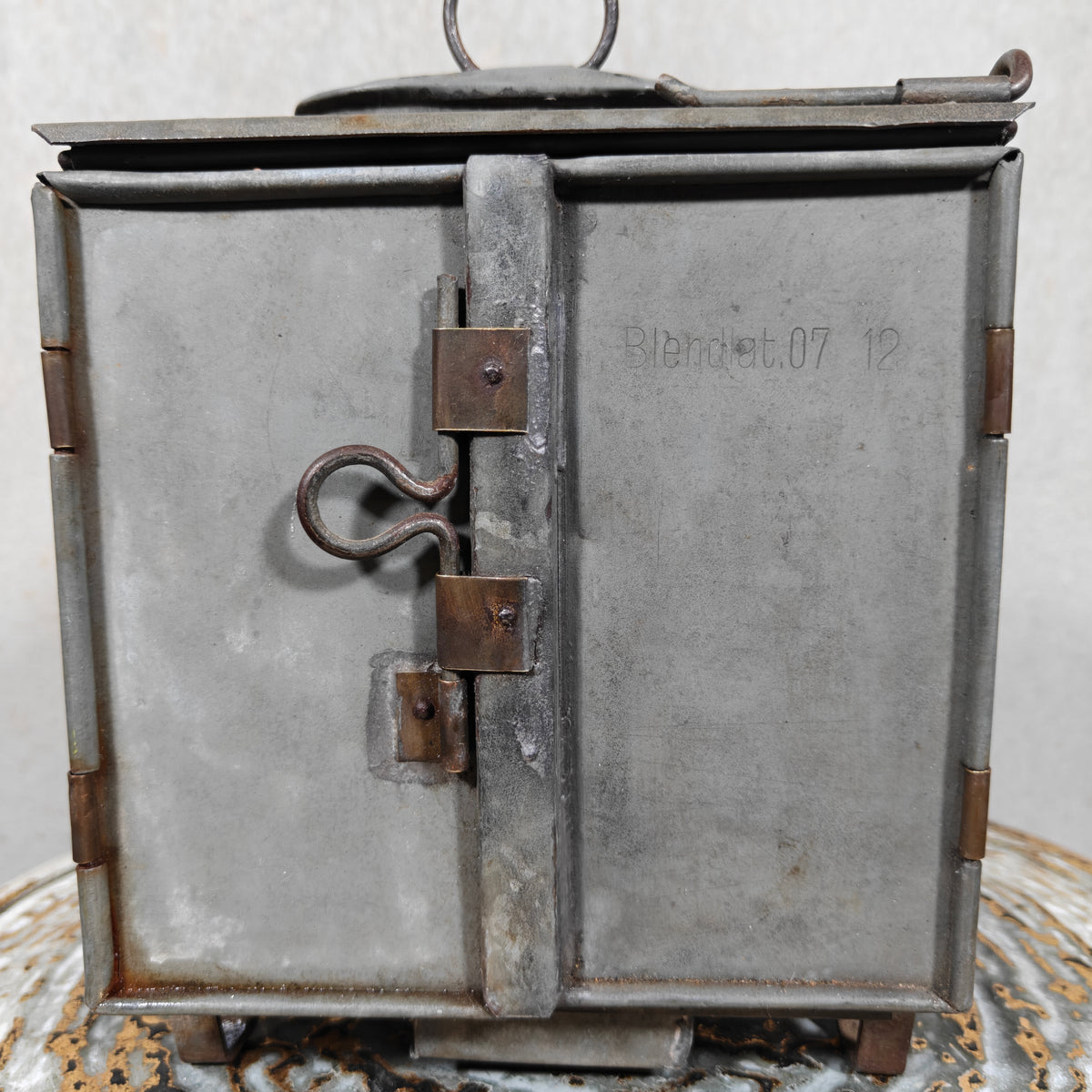 Very Rare Oil and Candle Trench Lamp – “Weltlaterne” by J. Schwarz & Co., Berlin, early 1900s, metal casing and latch detail.