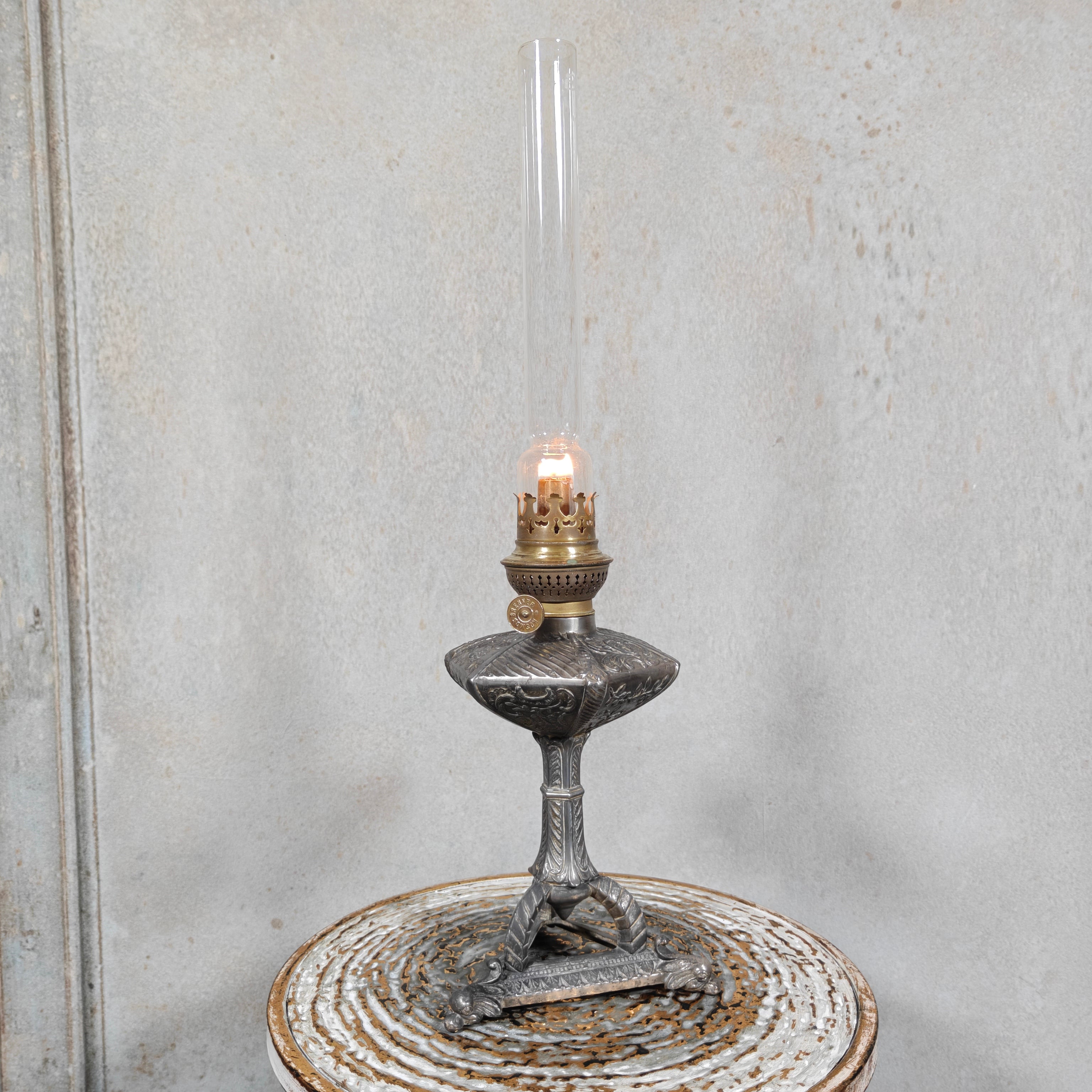 Unique Antique Tin Oil Lamp – Hexagonal Reservoir & Animal‑Head Feet (1930s–50s)