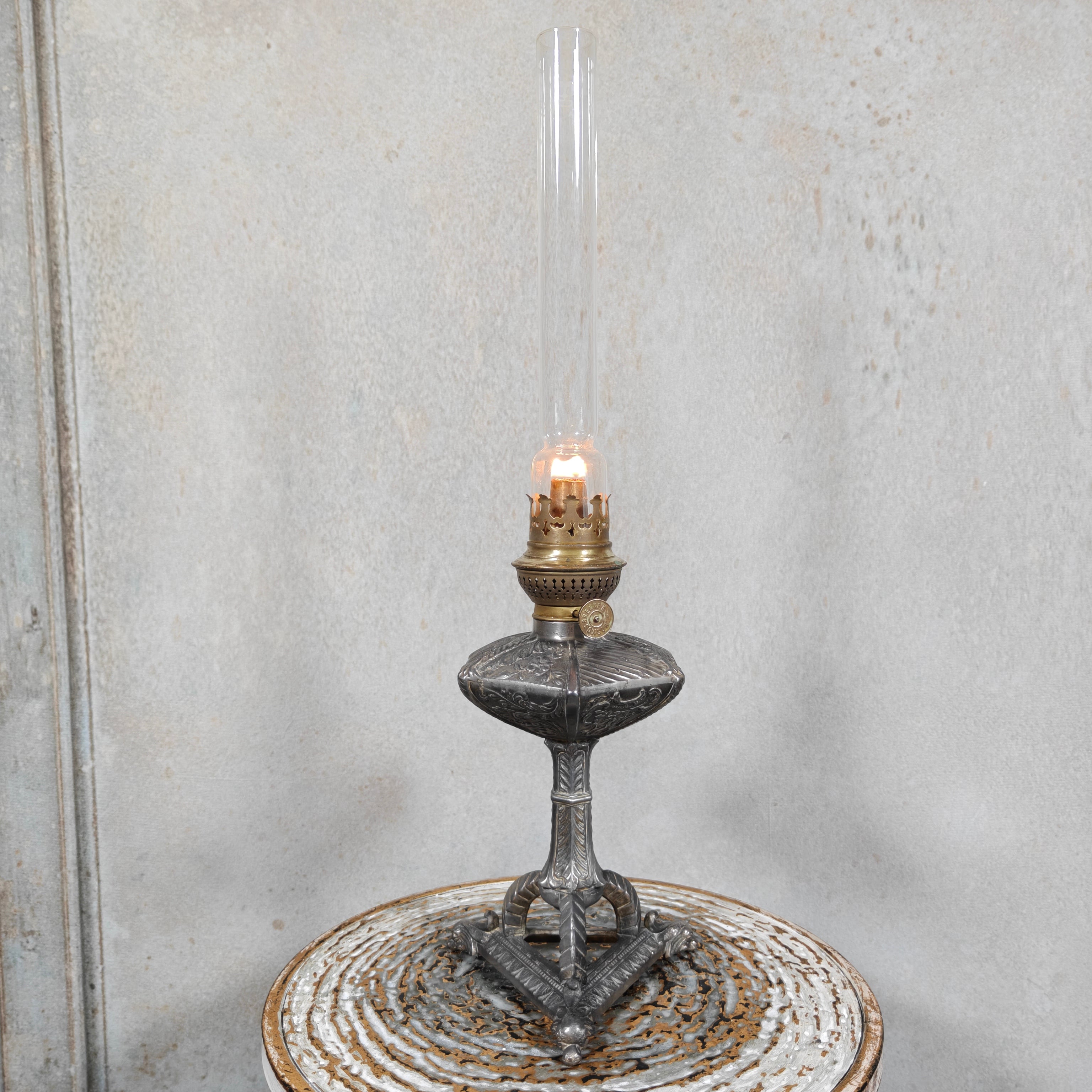 Unique Antique Tin Oil Lamp – Hexagonal Reservoir & Animal‑Head Feet (1930s–50s)