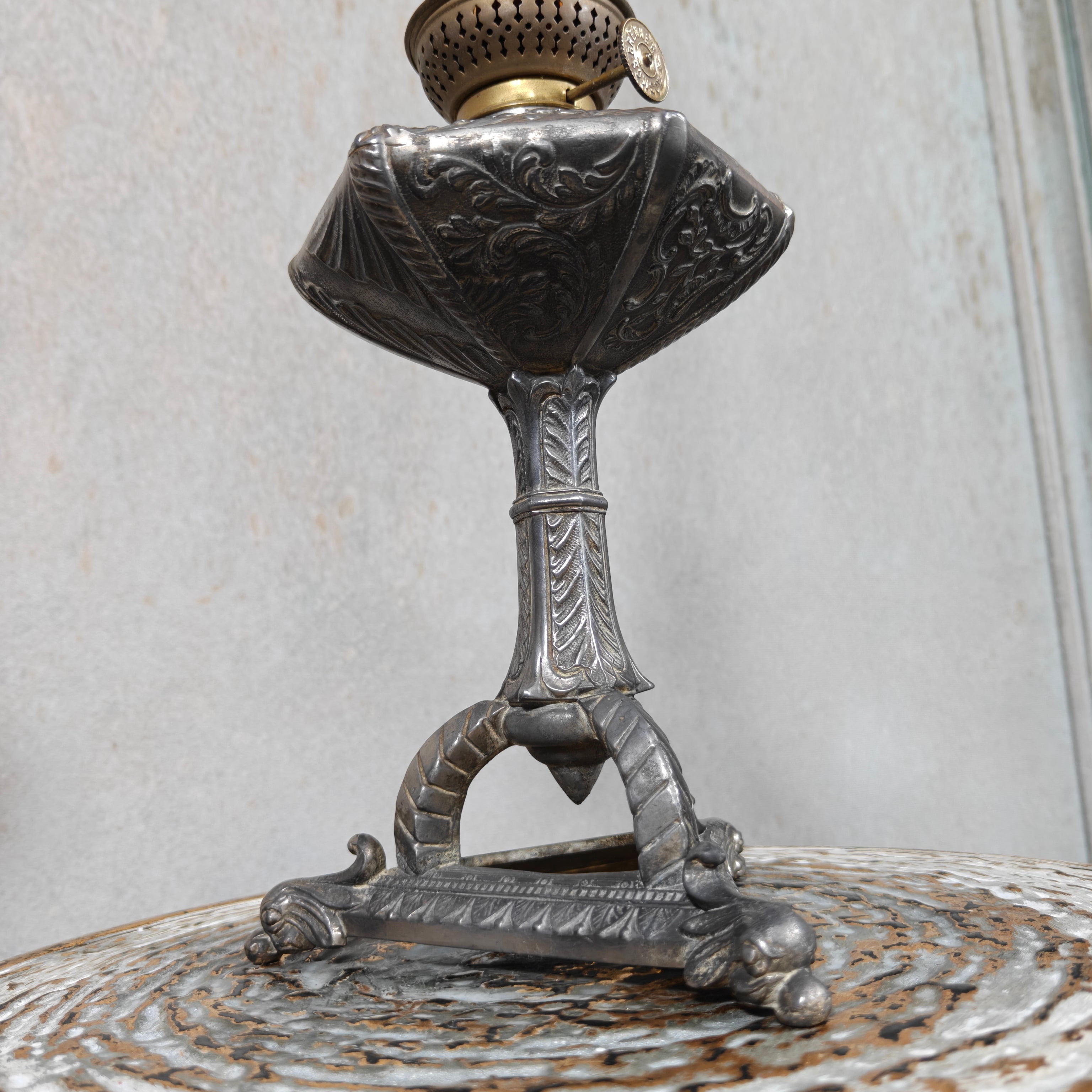 Unique Antique Tin Oil Lamp – Hexagonal Reservoir & Animal‑Head Feet (1930s–50s)
