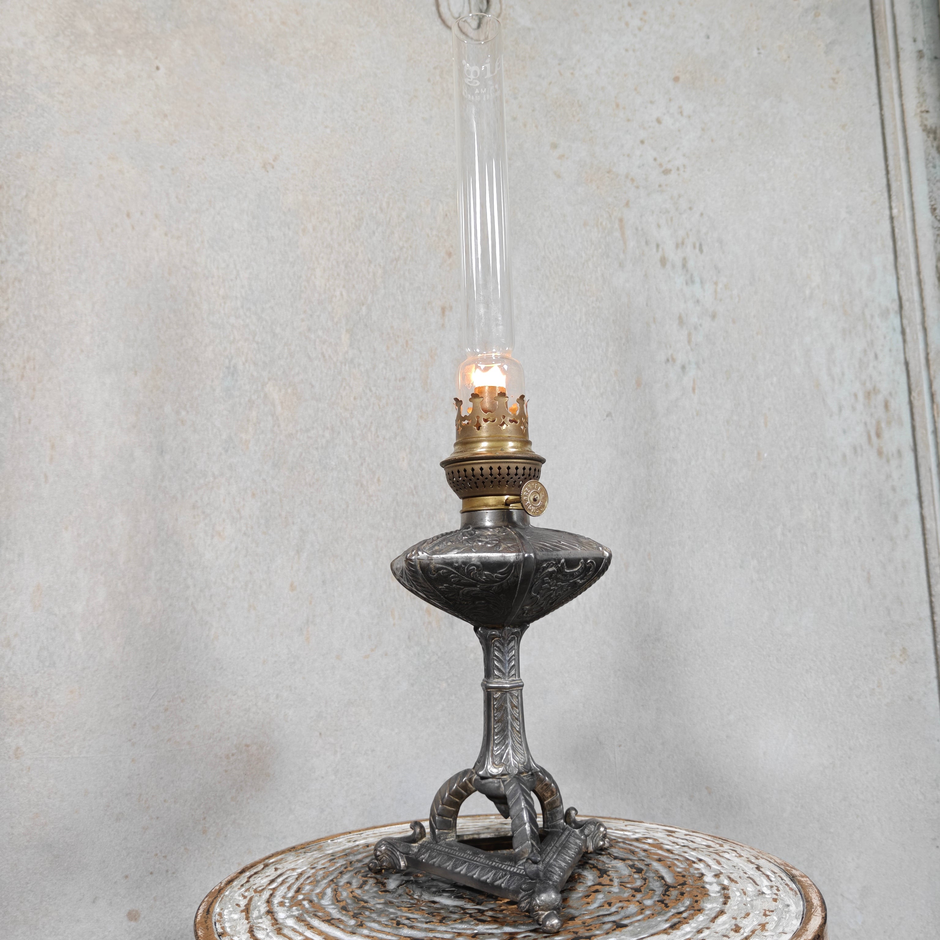 Unique Antique Tin Oil Lamp – Hexagonal Reservoir & Animal‑Head Feet (1930s–50s)