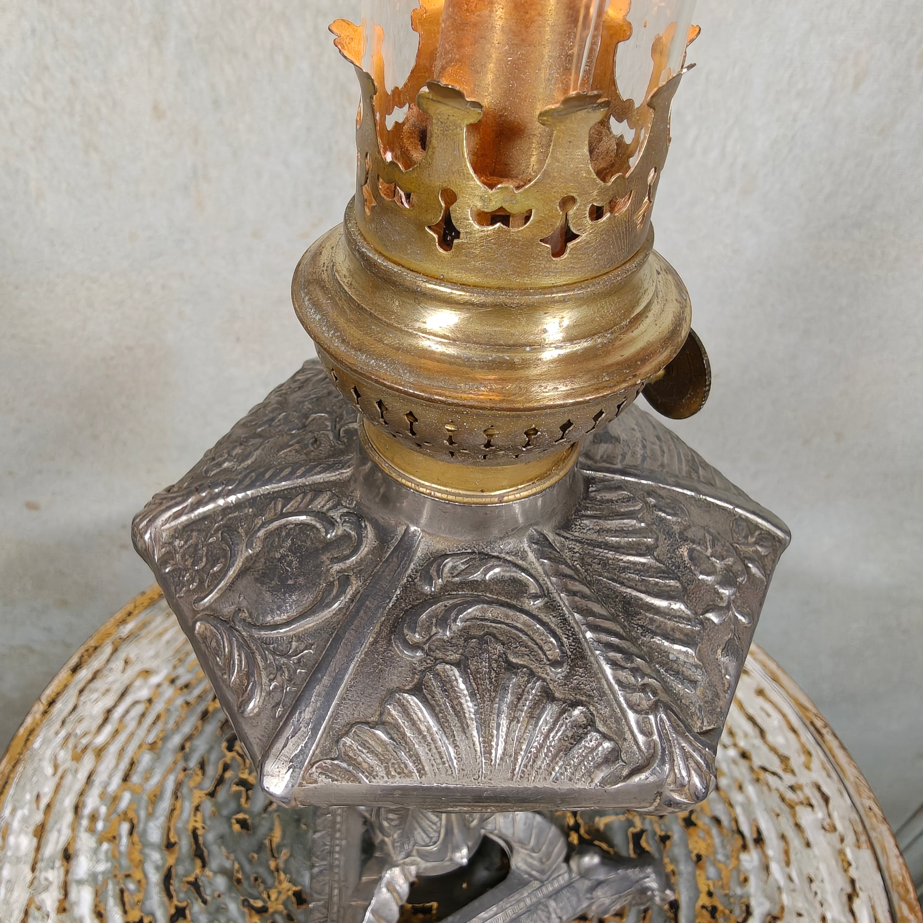 Unique Antique Tin Oil Lamp – Hexagonal Reservoir & Animal‑Head Feet (1930s–50s)