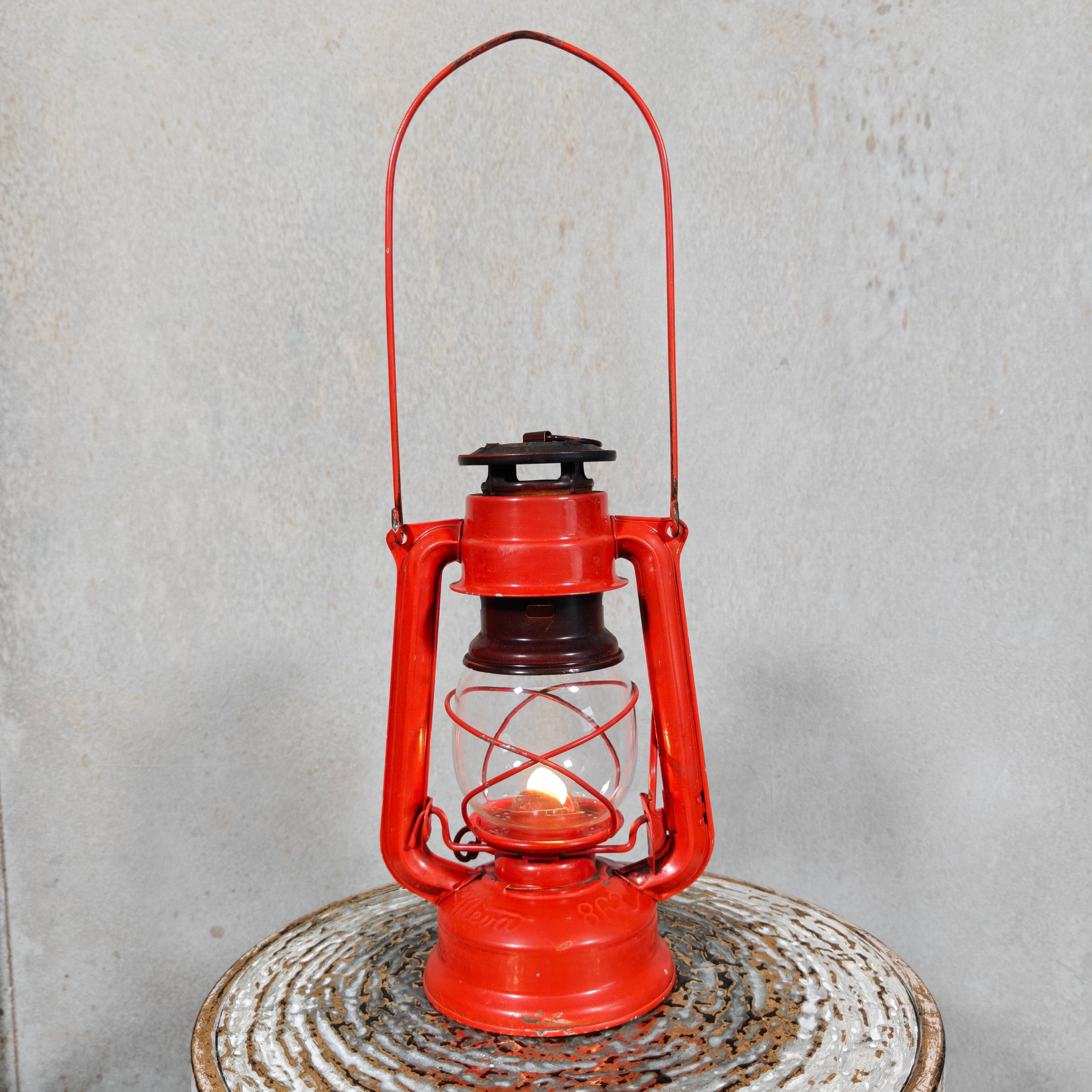 Beautiful and Functional Czech Storm Lantern – Meva 863 (1980) red oil lamp with glass chimney and metal handle