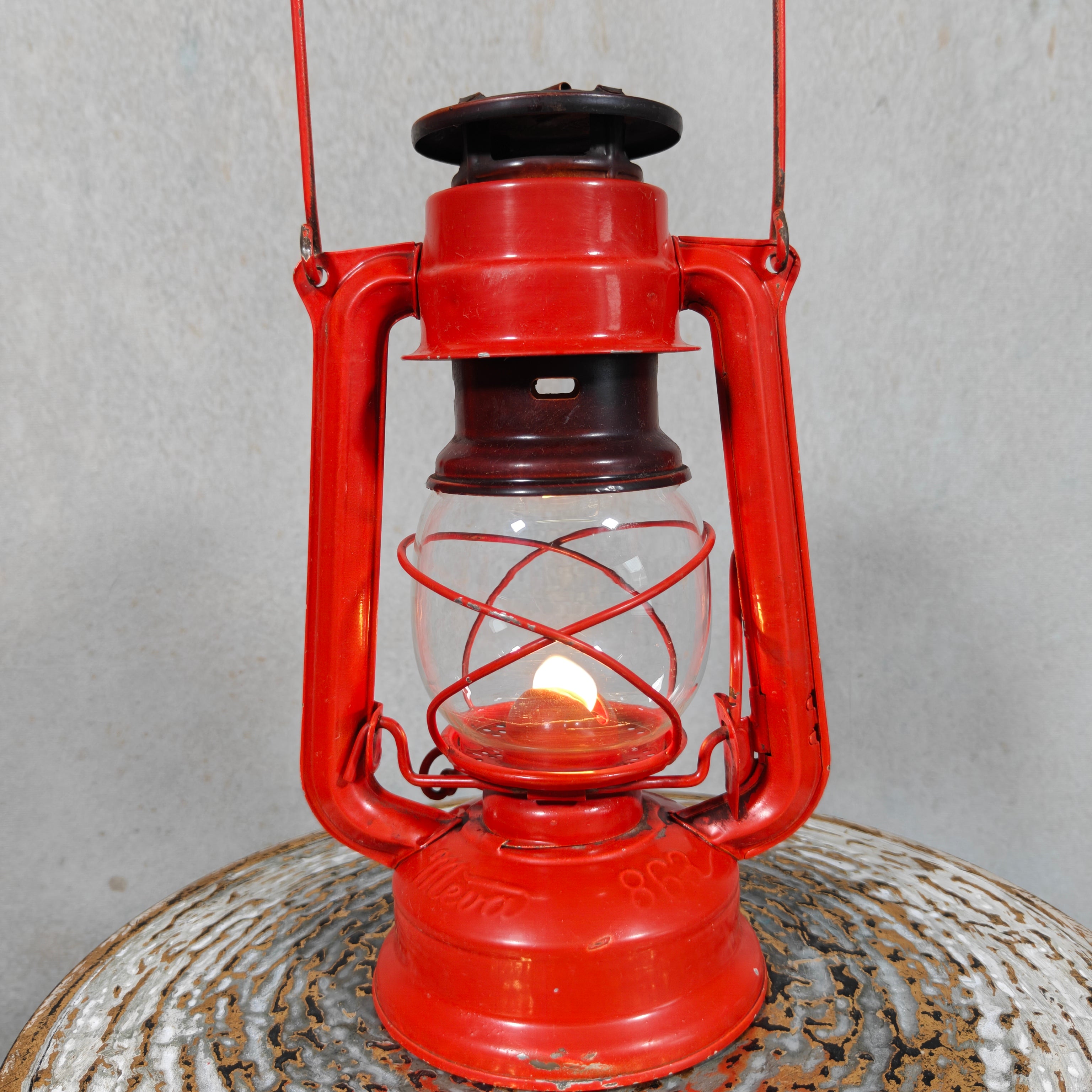Beautiful and Functional Czech Storm Lantern – Meva 863 (1980) red oil lamp with flame and protective glass casing