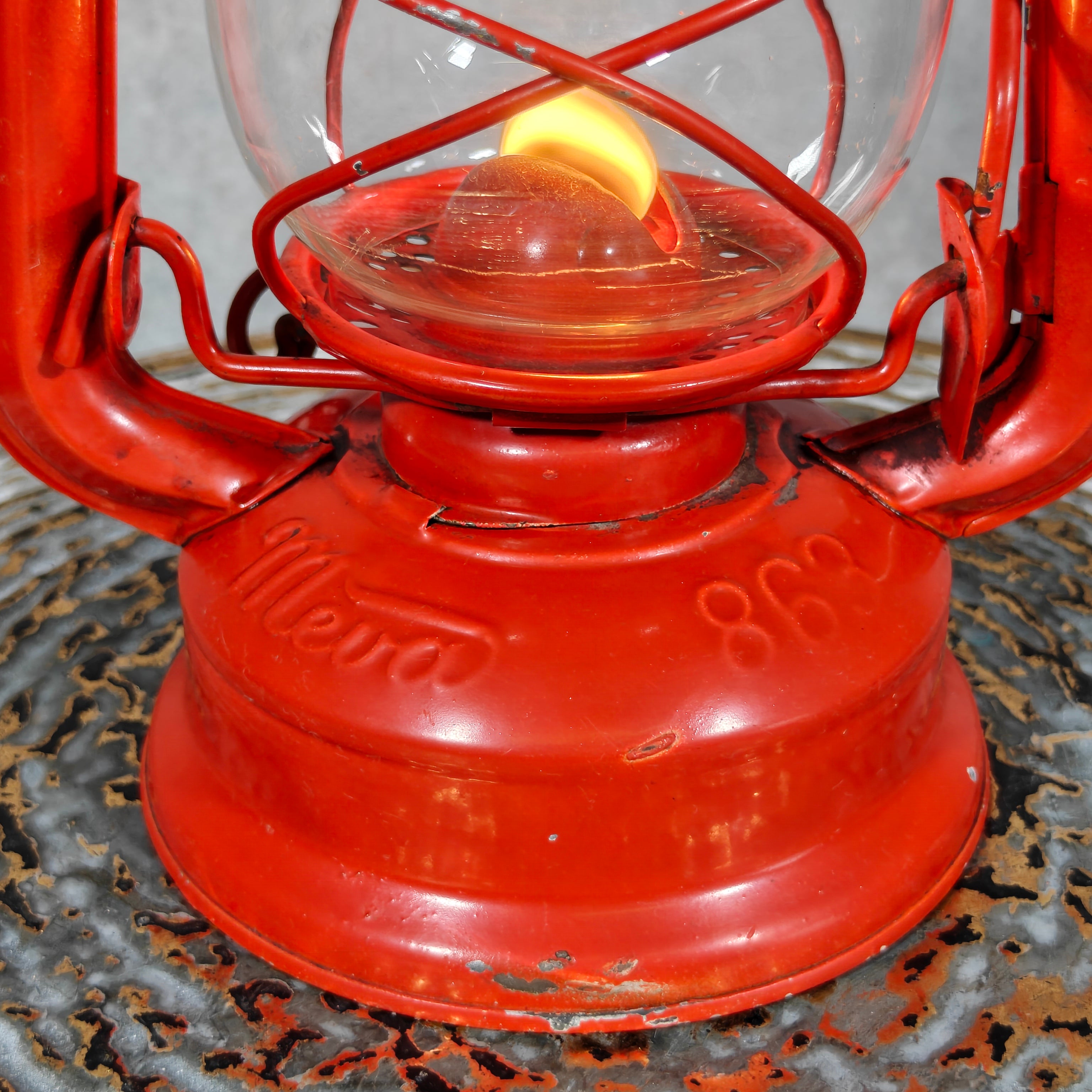 Beautiful and Functional Czech Storm Lantern – Meva 863 (1980) red oil lamp showing detailed embossed brand and model number