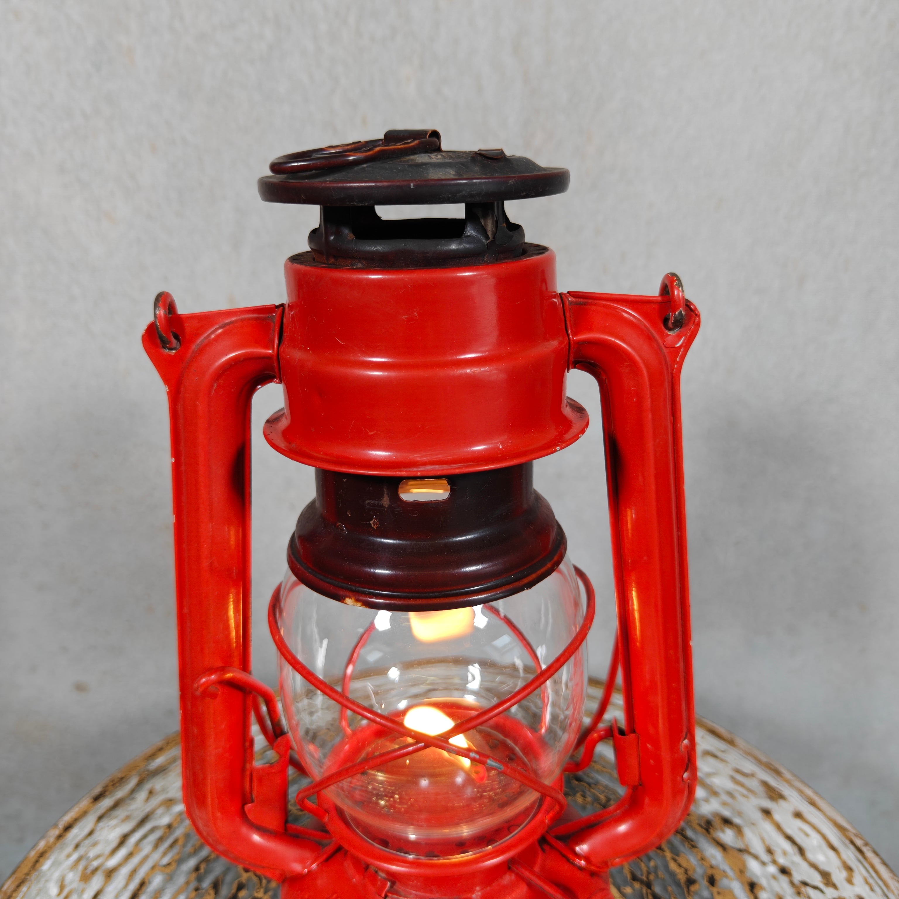 Beautiful and Functional Czech Storm Lantern – Meva 863 (1980) red oil lamp with glass globe and metal frame design