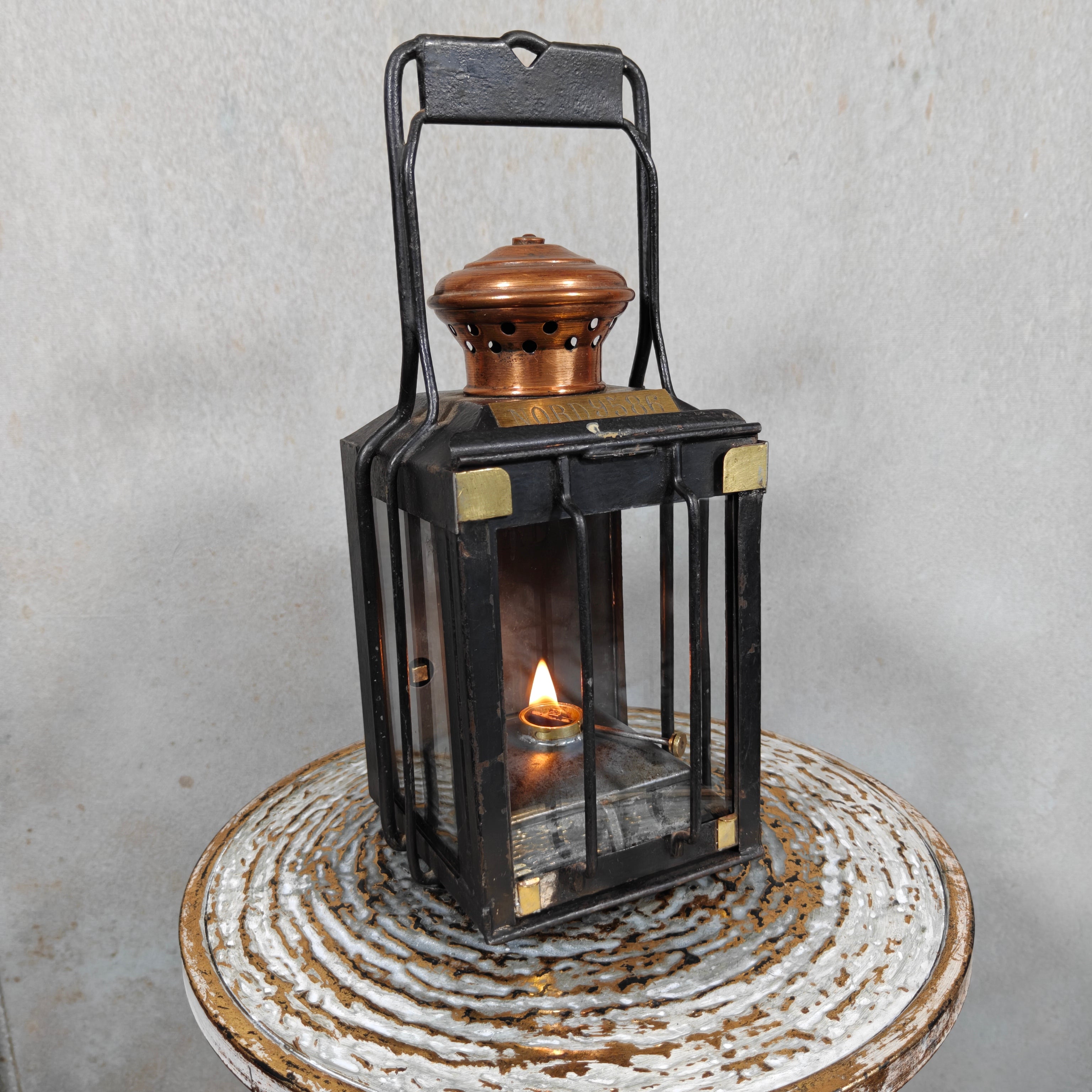 Rare Antique Railway Lantern – Luchaire Paris – French Railways (Nord) oil lamp with unique locking mechanism lit inside iron frame