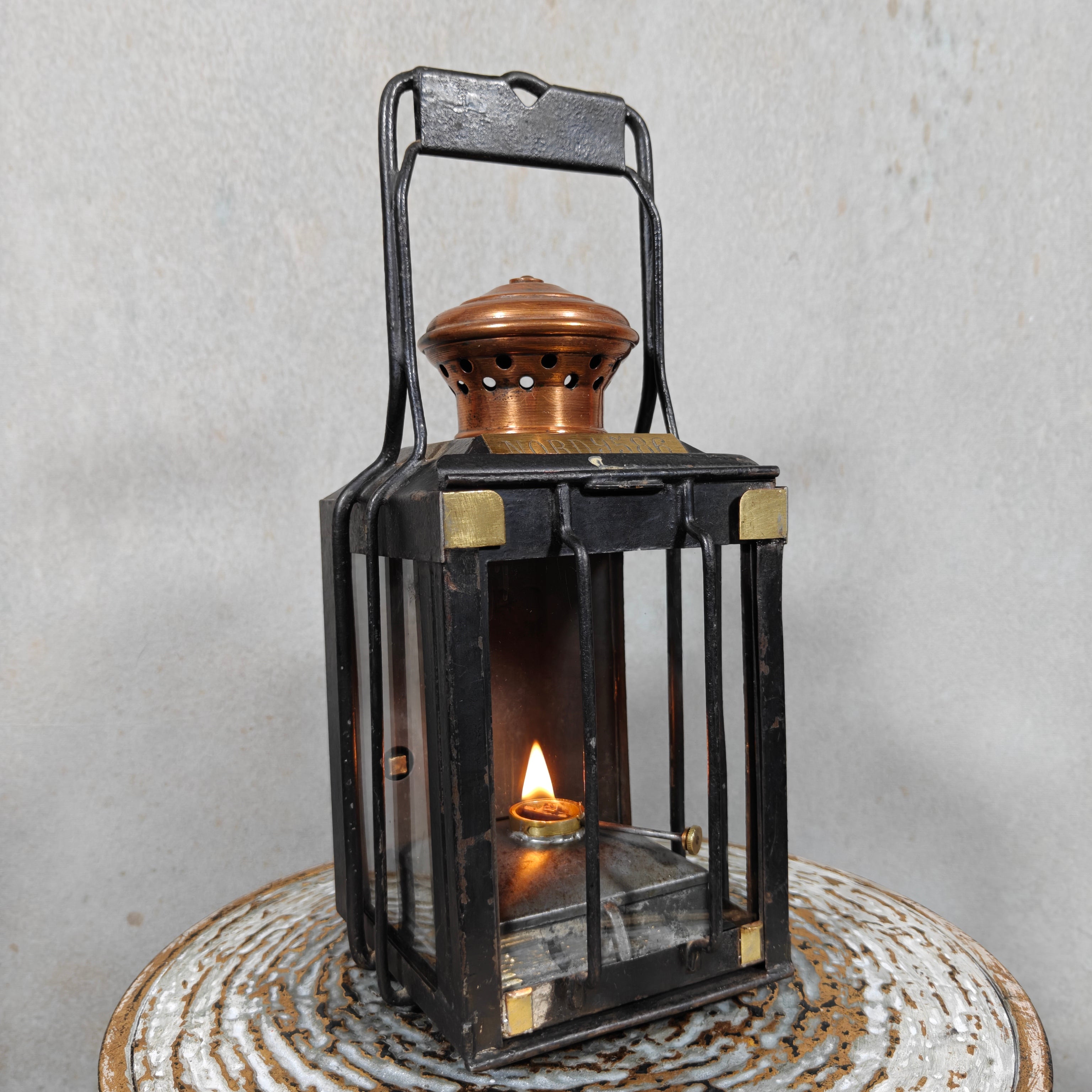 Rare Antique Railway Lantern – Luchaire Paris – French Railways (Nord) with aged oil lamp and unique reservoir lock mechanism