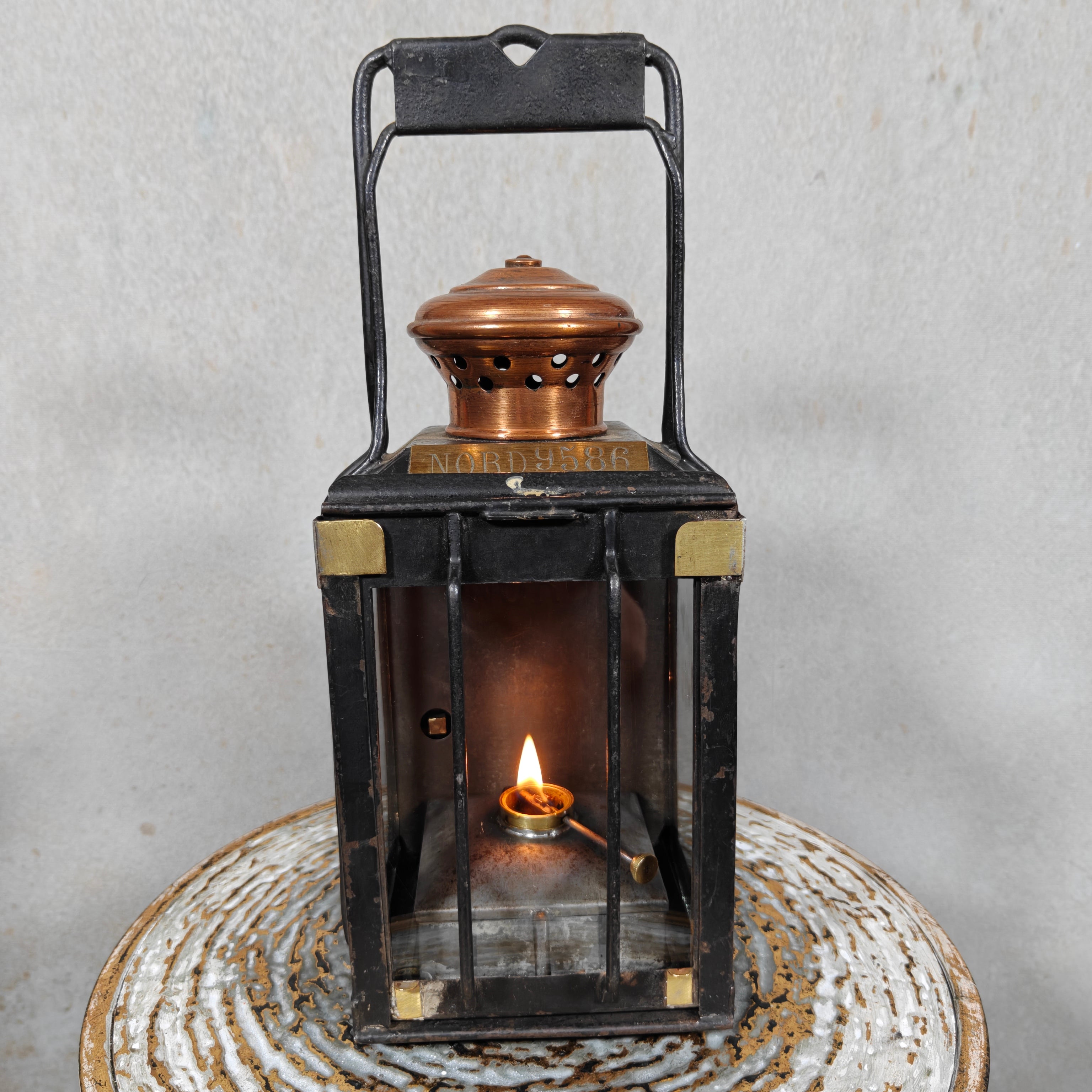 Rare Antique Railway Lantern – Luchaire Paris – French Railways (Nord) featuring aged oil lamp with unique locking mechanism