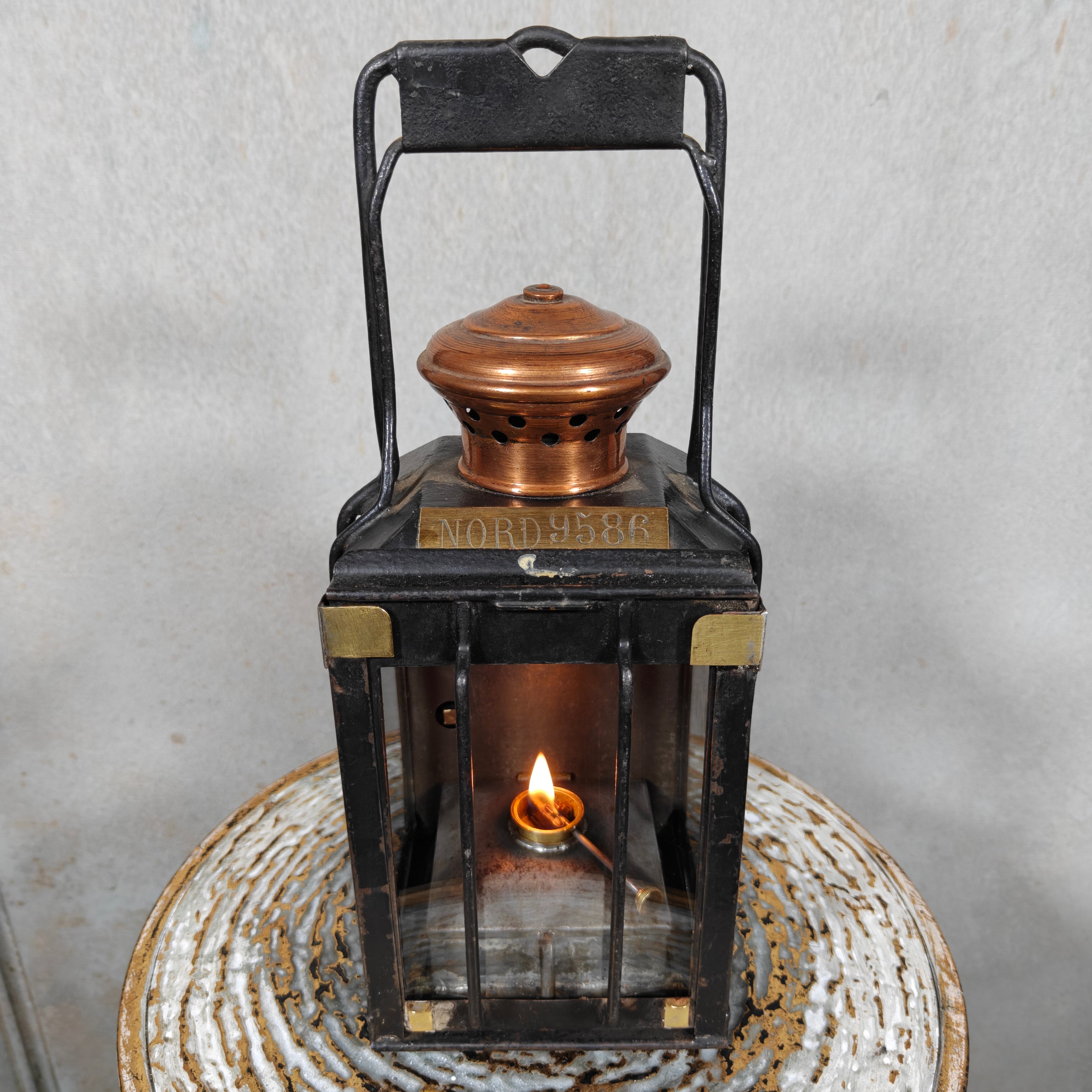Rare Antique Railway Lantern – Luchaire Paris – French Railways (Nord) with copper oil lamp and unique locking mechanism
