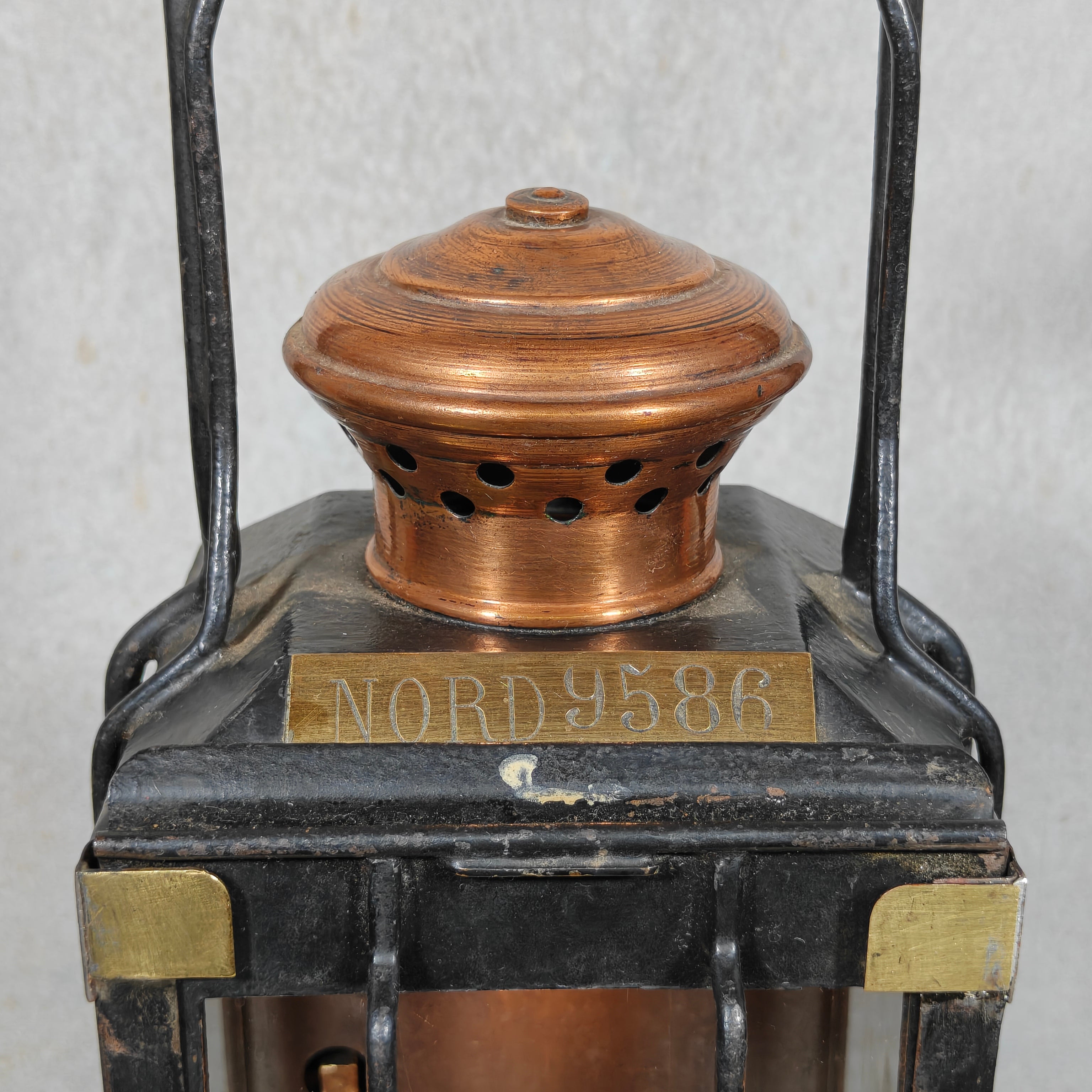 Rare Antique Railway Lantern – Luchaire Paris – French Railways (Nord) with distinctive copper oil lamp and unique locking mechanism