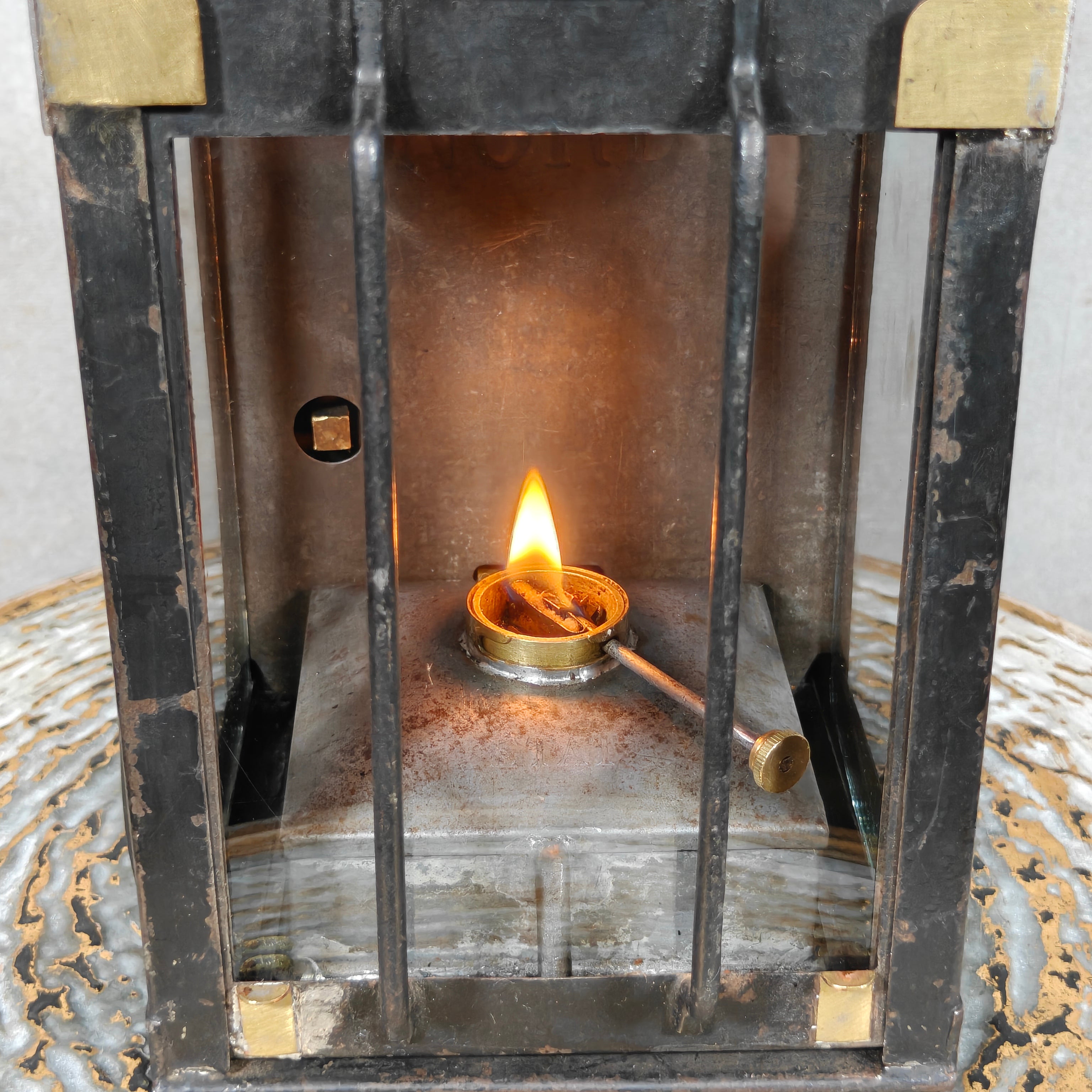 Rare Antique Railway Lantern – Luchaire Paris – French Railways (Nord) oil lamp with unique locking oil reservoir mechanism lit inside