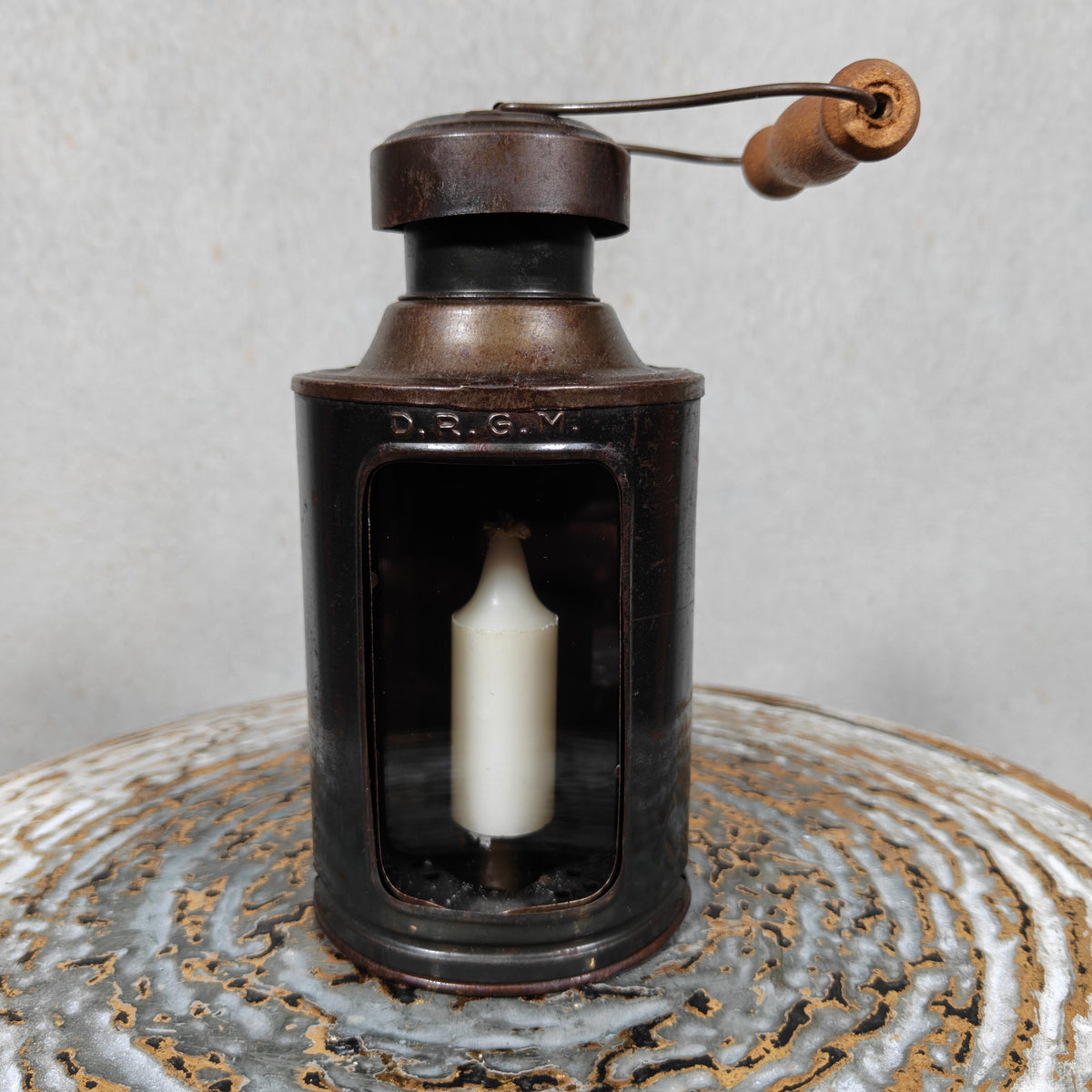 Exceptional Blackout Candle Lantern – DRGM – Blue & Clear Glass – c. 1940s