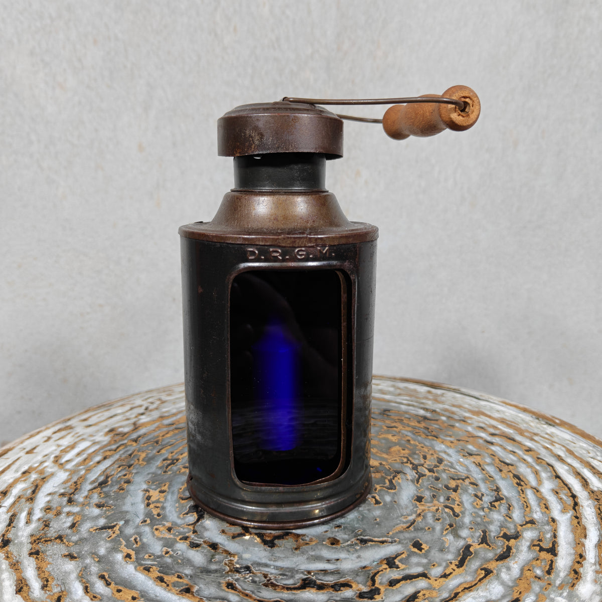Exceptional Blackout Candle Lantern – DRGM – Blue & Clear Glass – c. 1940s