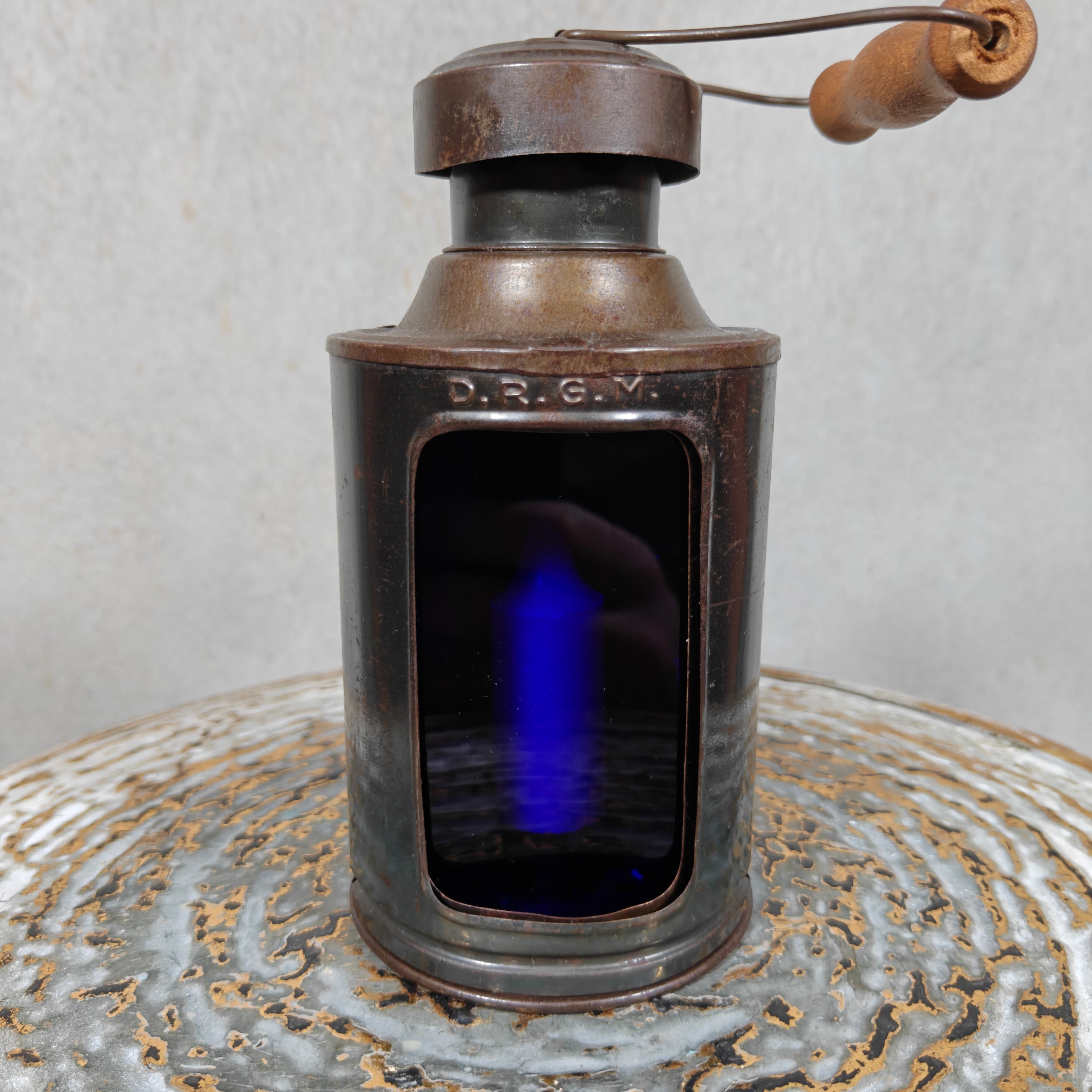 Exceptional Blackout Candle Lantern – DRGM – Blue & Clear Glass – c. 1940s