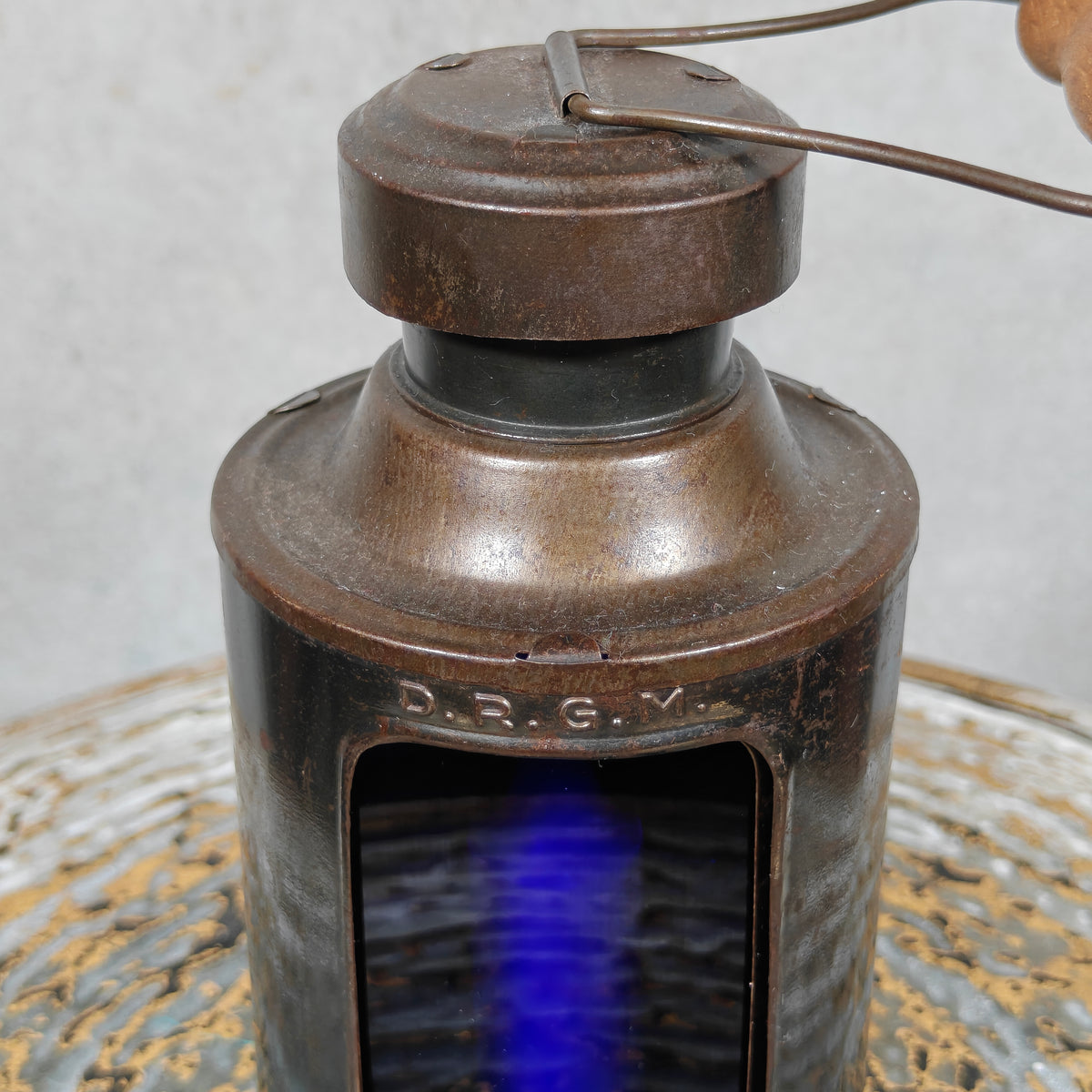Exceptional Blackout Candle Lantern – DRGM – Blue & Clear Glass – c. 1940s
