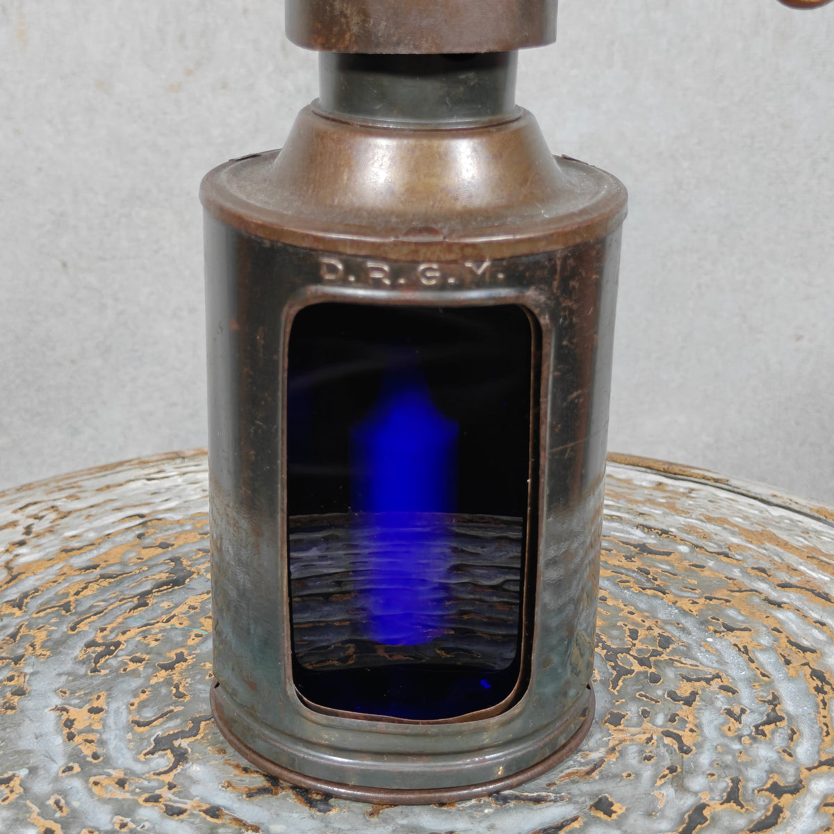 Exceptional Blackout Candle Lantern – DRGM – Blue & Clear Glass – c. 1940s