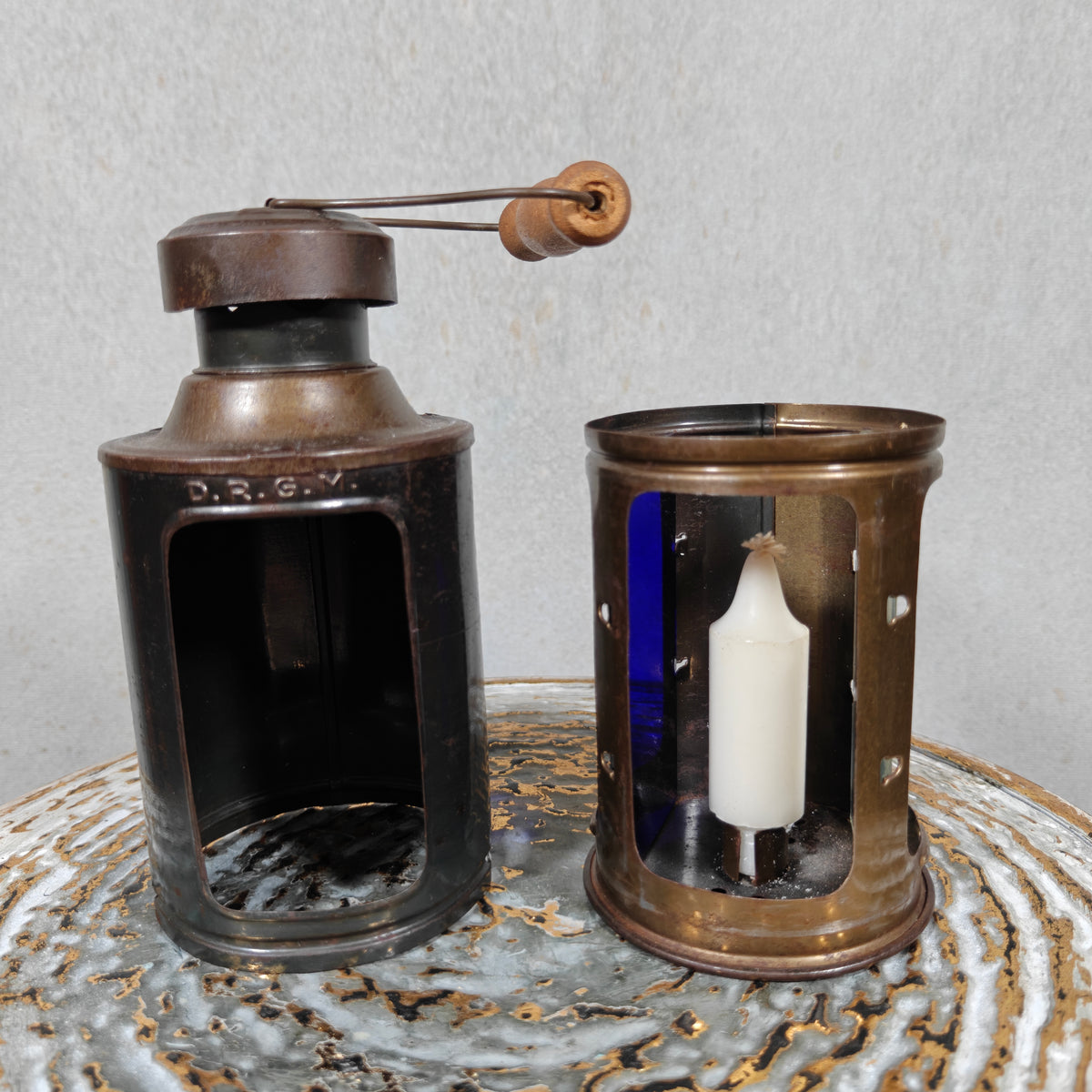 Exceptional Blackout Candle Lantern – DRGM – Blue & Clear Glass – c. 1940s