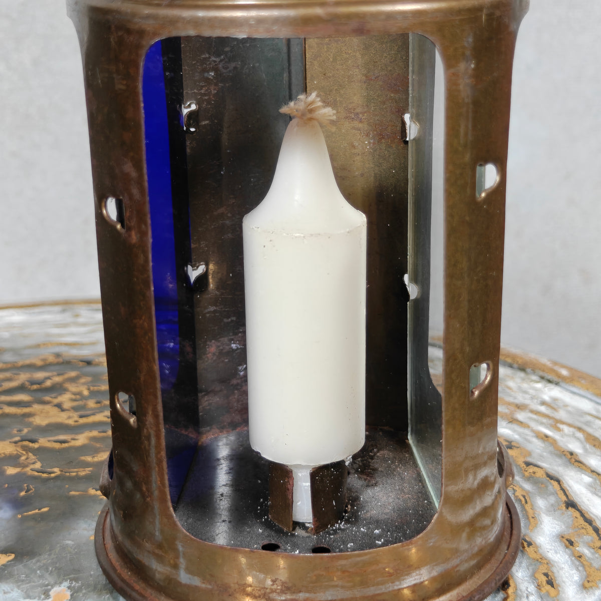 Exceptional Blackout Candle Lantern – DRGM – Blue & Clear Glass – c. 1940s
