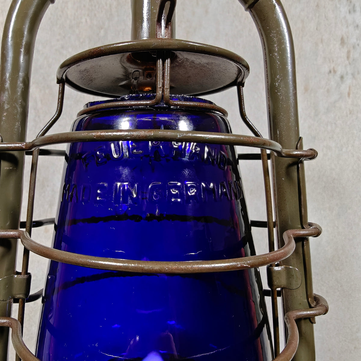 Stunning Original Feuerhand 201 hurricane Lantern, original paint (1930s) – Rare Blue Glass