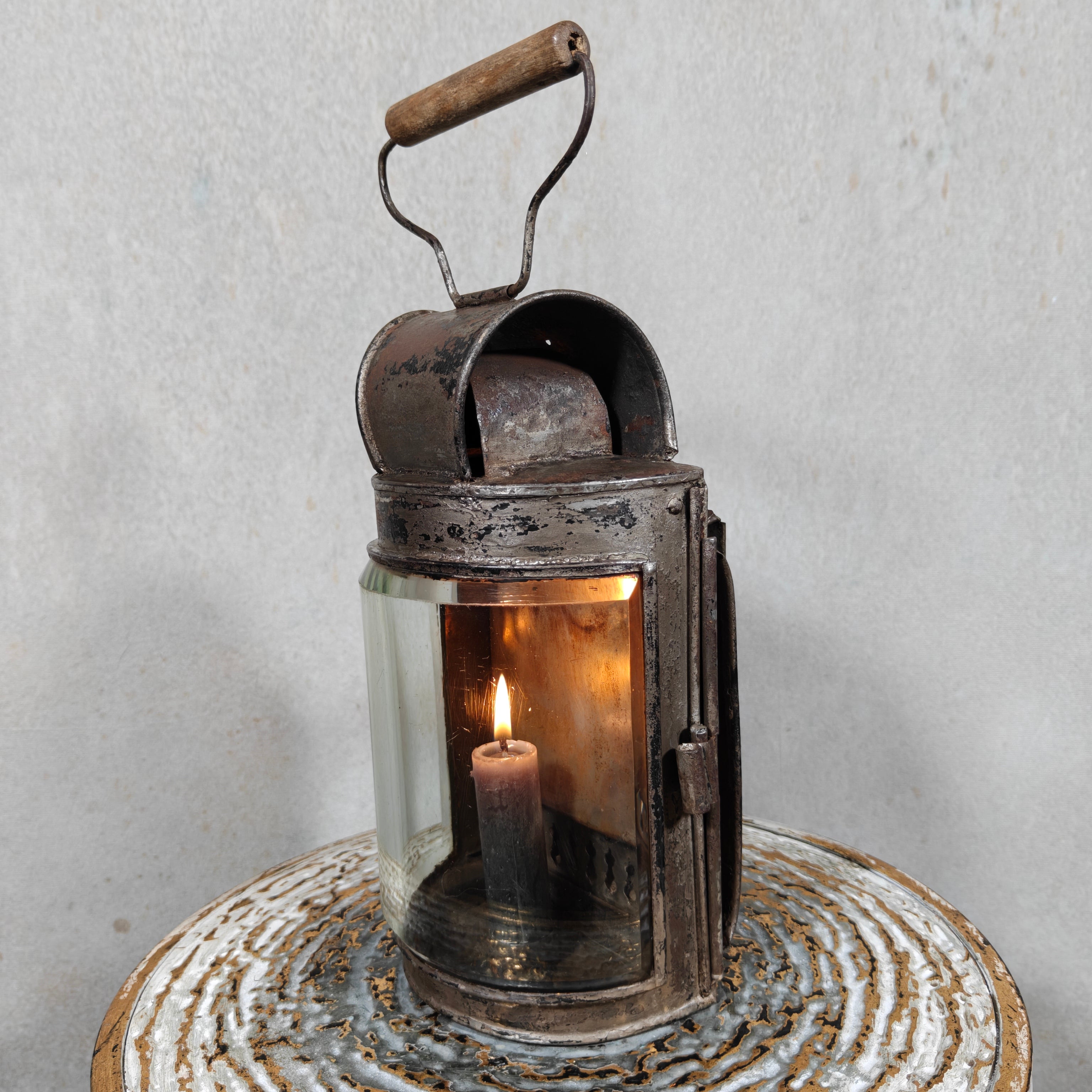 Rare Antique Hand Lantern / Candle Lantern – Semi-Circular Faceted Glass – c. 1900–1920