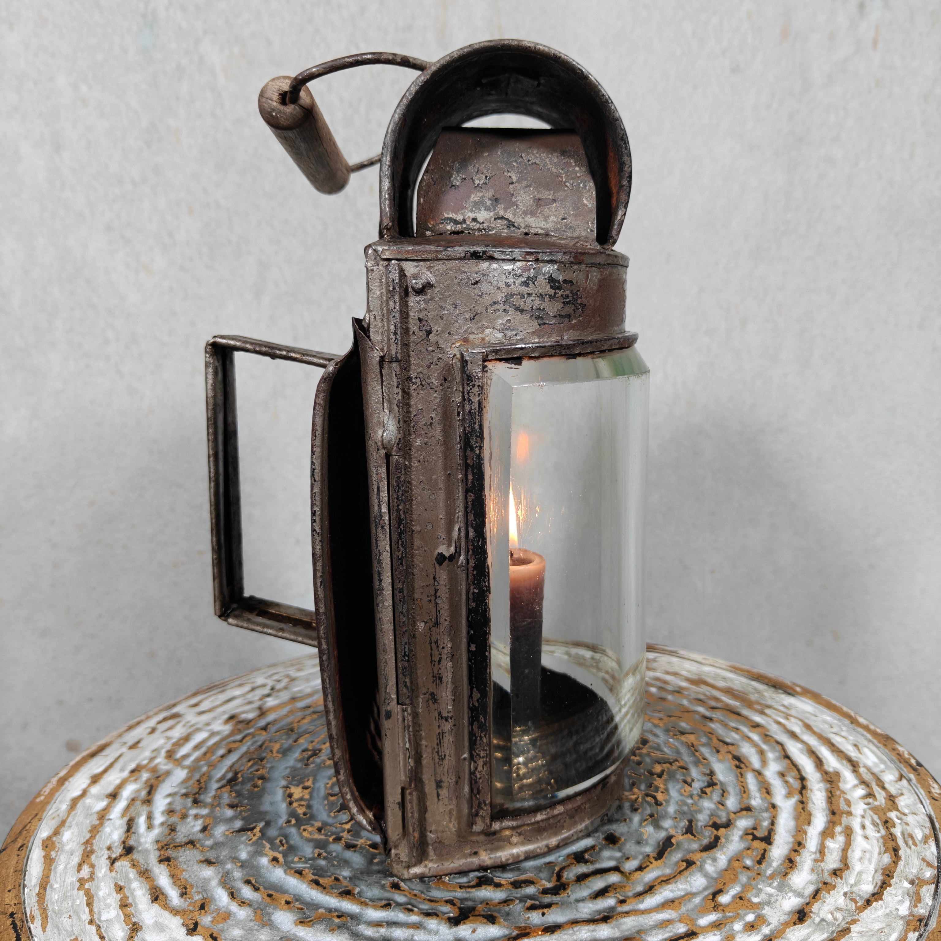 Rare Antique Hand Lantern / Candle Lantern – Semi-Circular Faceted Glass – c. 1900–1920