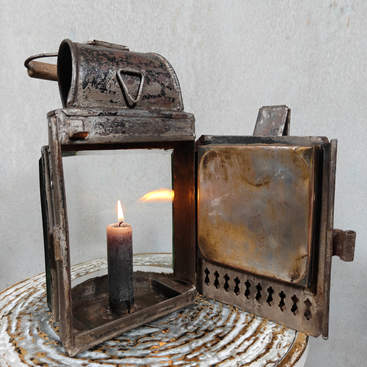 Rare Antique Hand Lantern / Candle Lantern – Semi-Circular Faceted Glass – c. 1900–1920