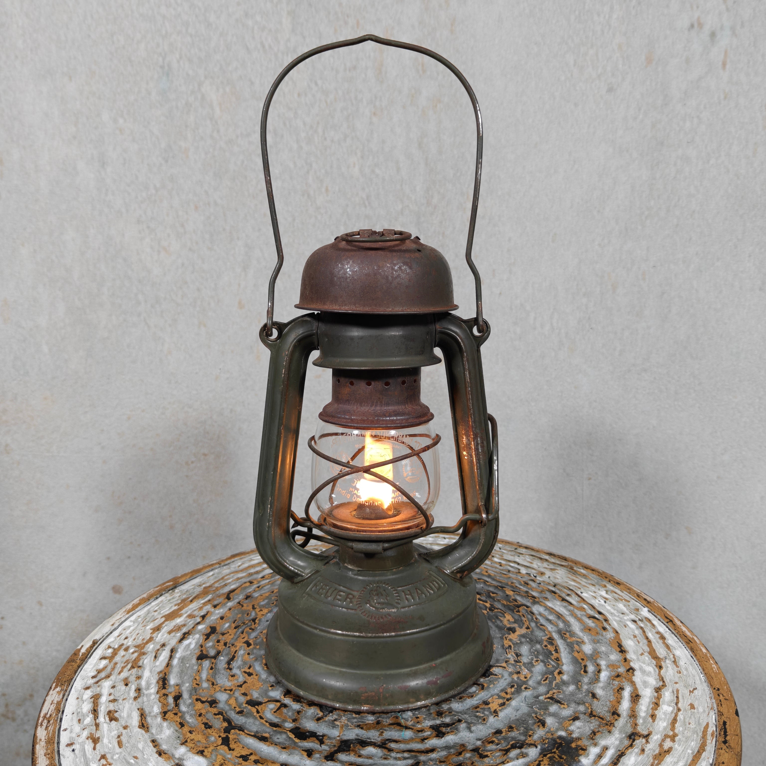 Rare Feuerhand 176 Hurricane Lantern with “Pilzkopf” Top and Original Marked Glass (1940s)