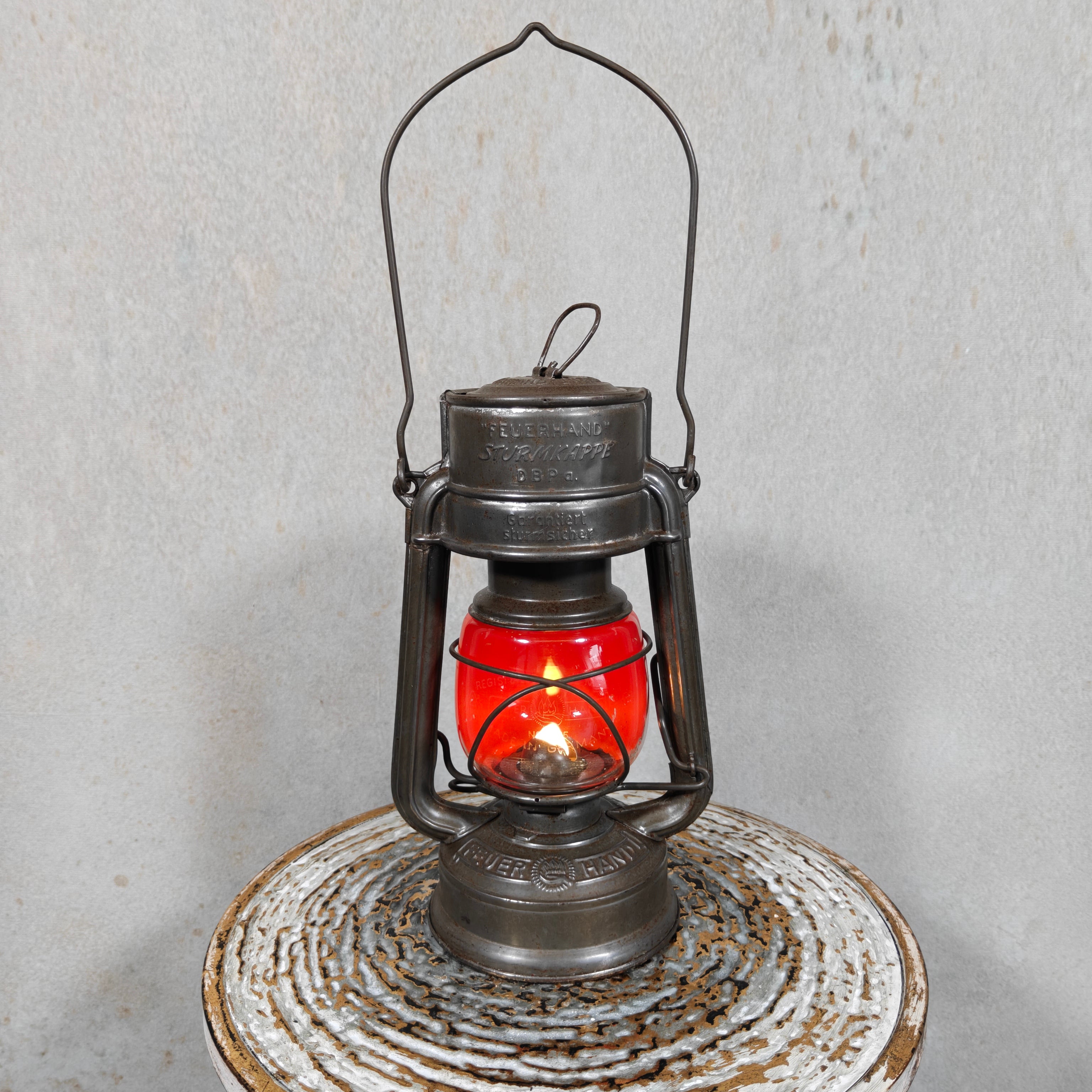 Extremely Rare Hurricane Lantern – Feuerhand 275 STK – Early Post‑WWII Model, No “Baby” Marking, with Half‑Red Auer Glass