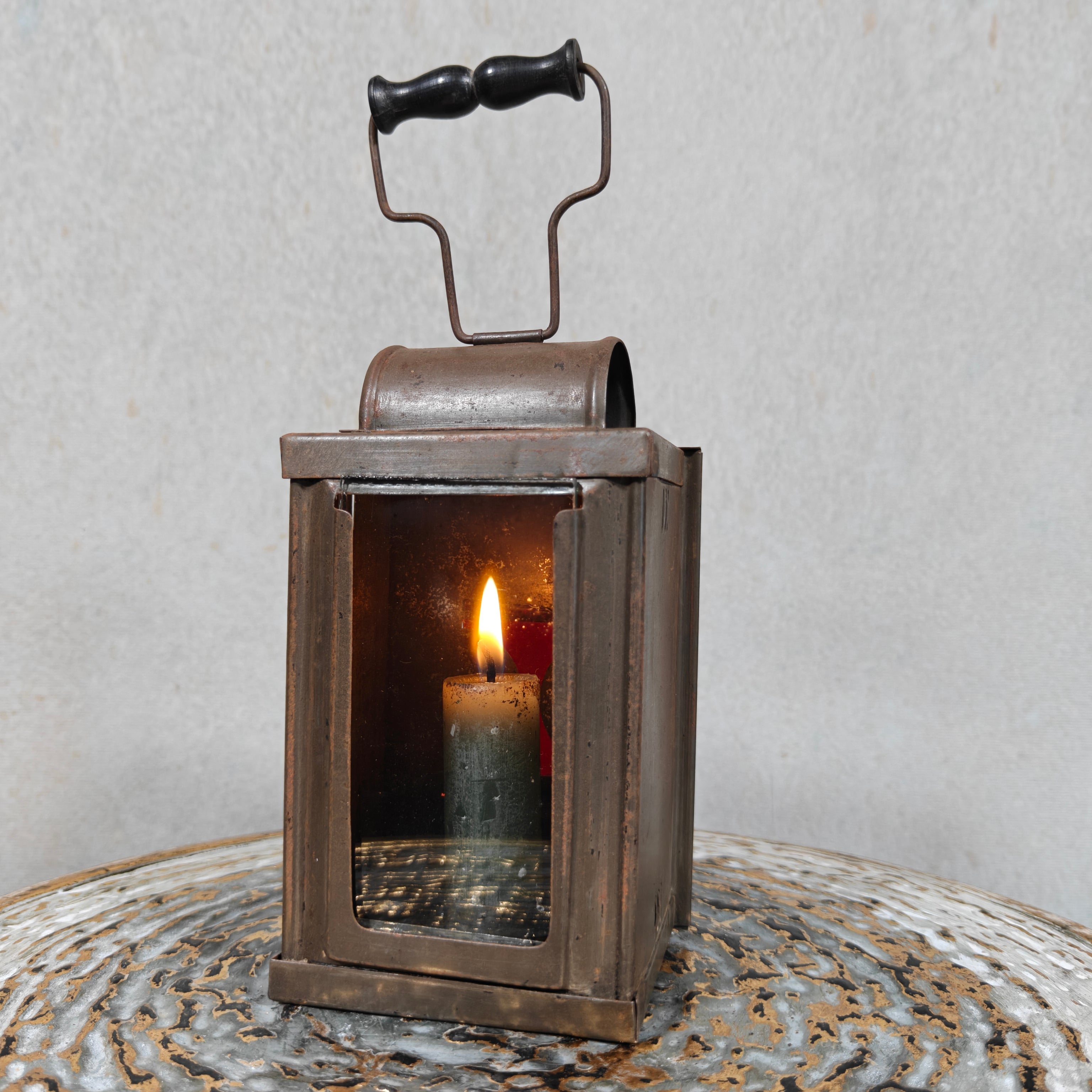 Unique Old & Vintage Hand Lantern / Candle Lamp – Hand Lamp with Glass and Red Rear Light, Complete and Working