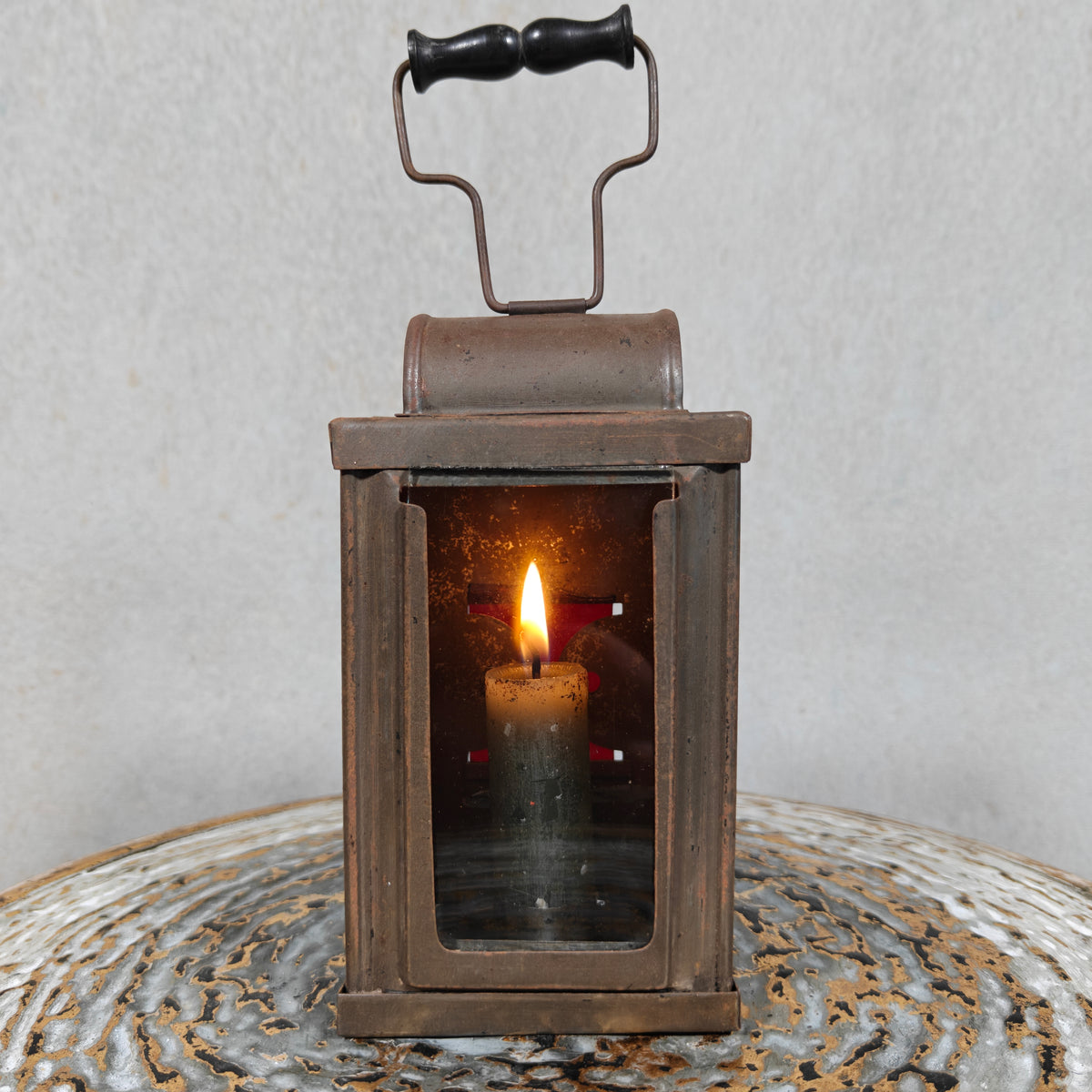 Unique Old & Vintage Hand Lantern / Candle Lamp – Hand Lamp with Glass and Red Rear Light, Complete and Working